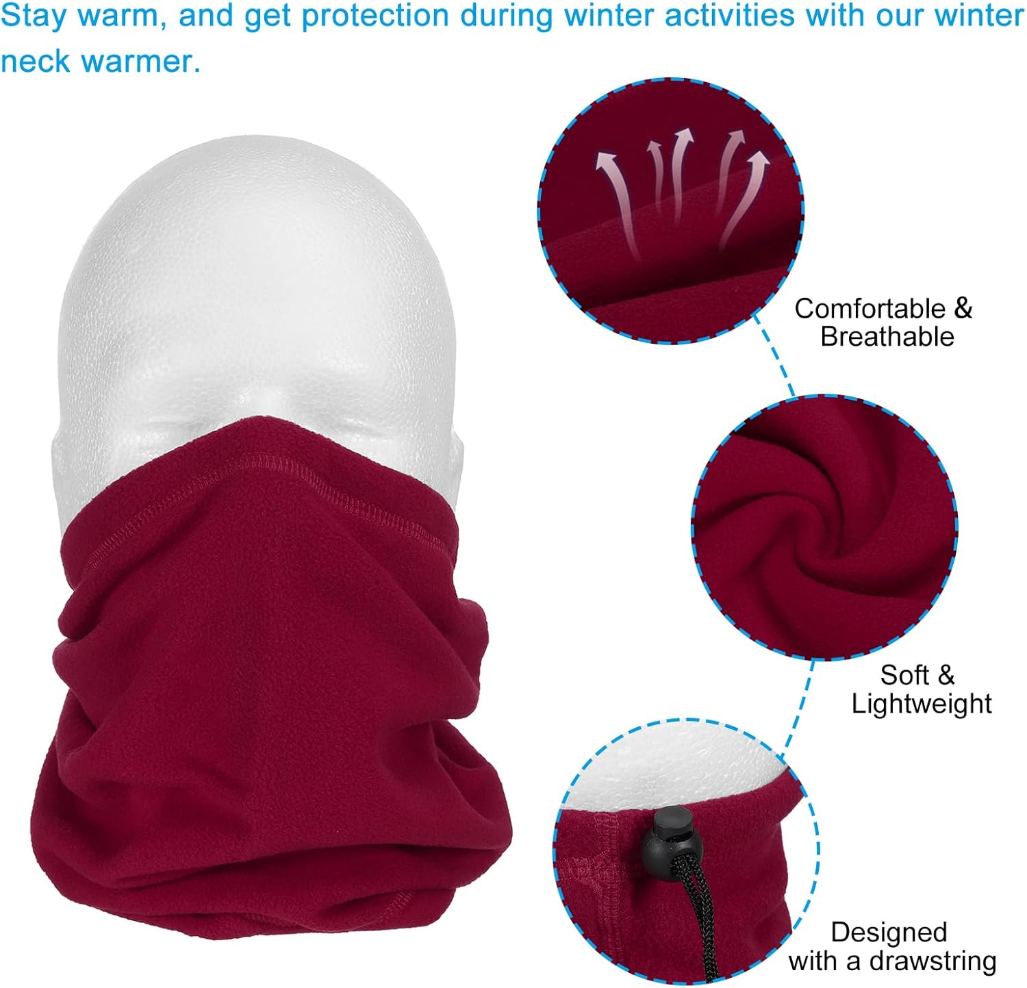 Winter Neck Warmer, Drawstring Warm Face Scarf Covering Windproof Gaiter for Men Women Wine Red - - Image 4