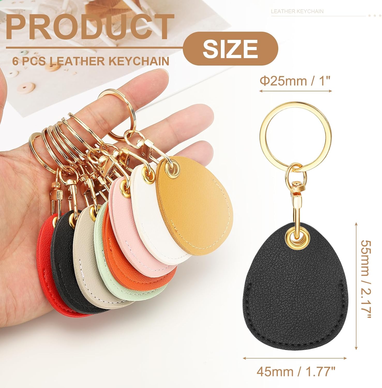 6pcs Leather Keychain Blanks,45mm Sublimation Blanks PU Key Chain Keyring with Rings,Water Drop Black - - Image 2