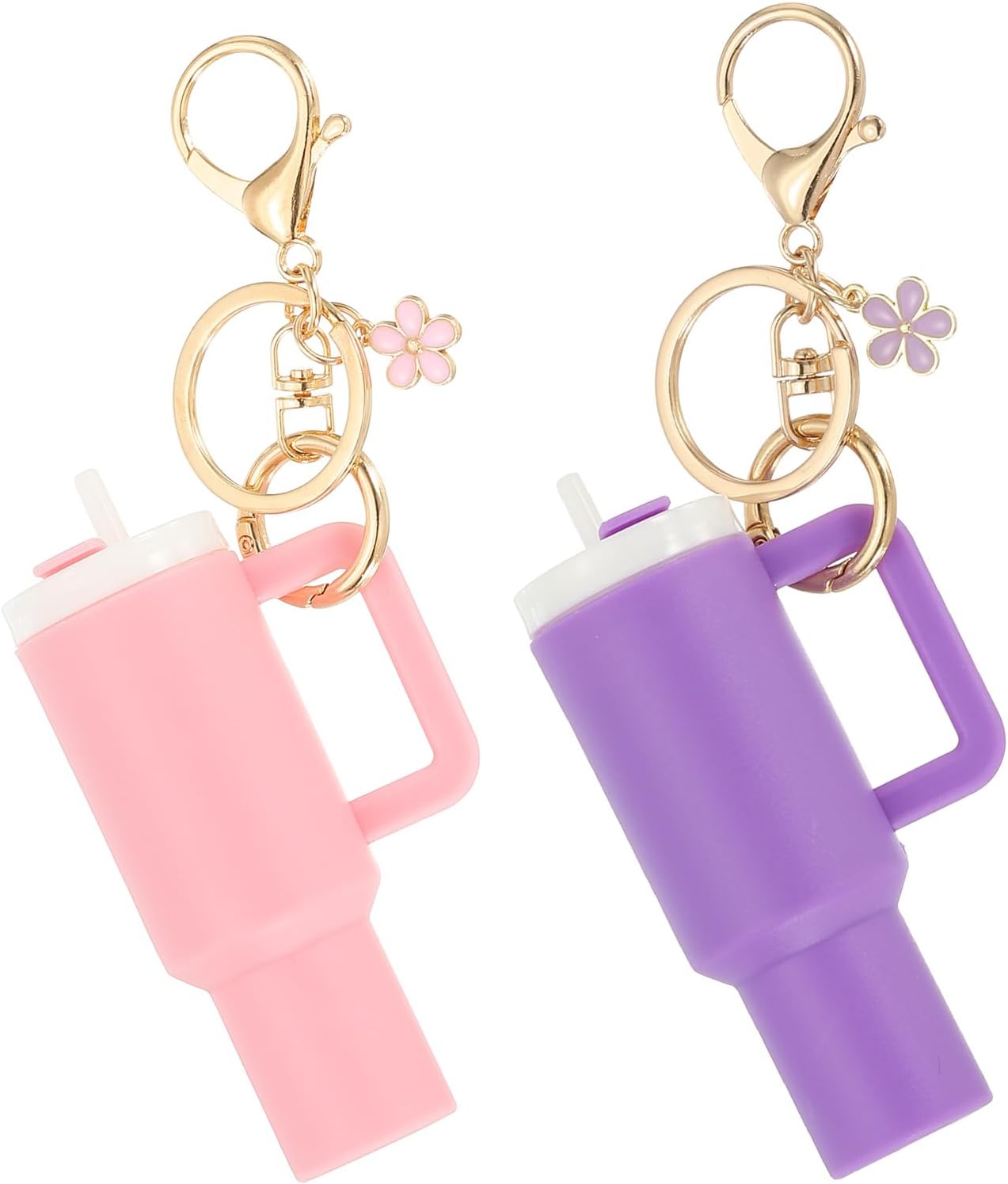Mini Tumbler Keychain, 2Pcs Cute Cup Keychain Lip Balm Holder Charm Purse, Flower Pink, Dark Purple - - Image 1