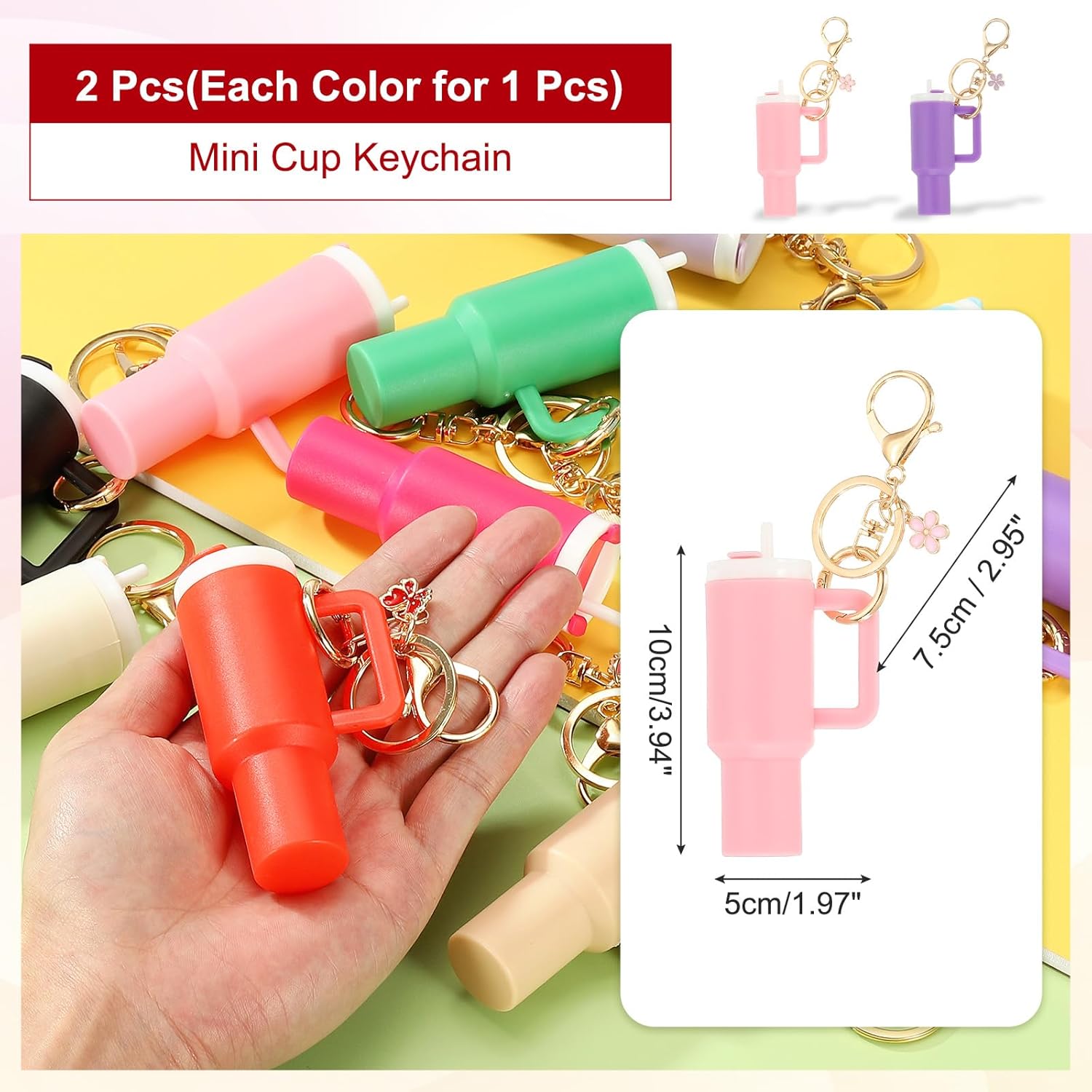 Mini Tumbler Keychain, 2Pcs Cute Cup Keychain Lip Balm Holder Charm Purse, Flower Pink, Dark Purple - - Image 2