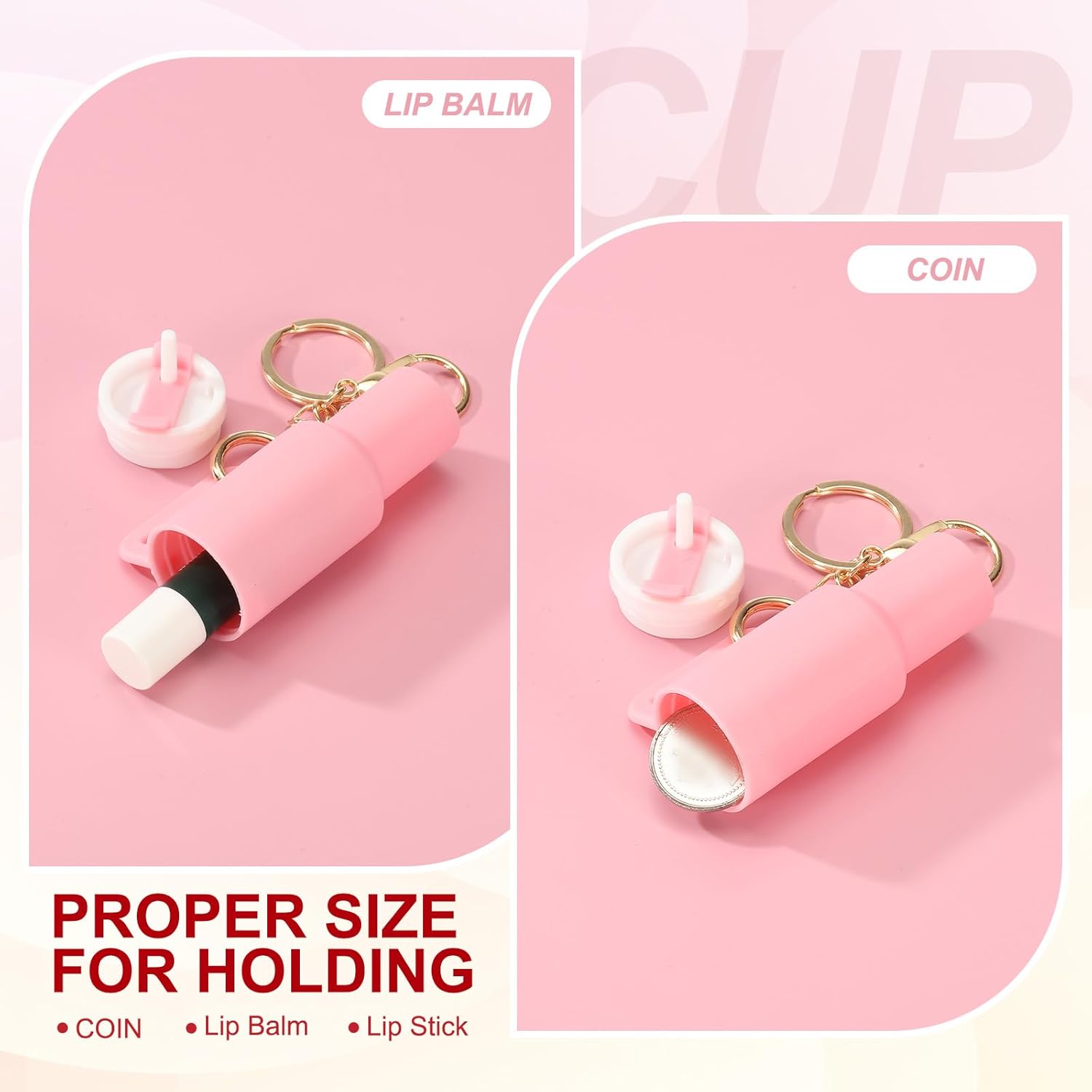 Mini Tumbler Keychain, 2Pcs Cute Cup Keychain Lip Balm Holder Charm Purse, Flower Pink, Dark Purple - - Image 3