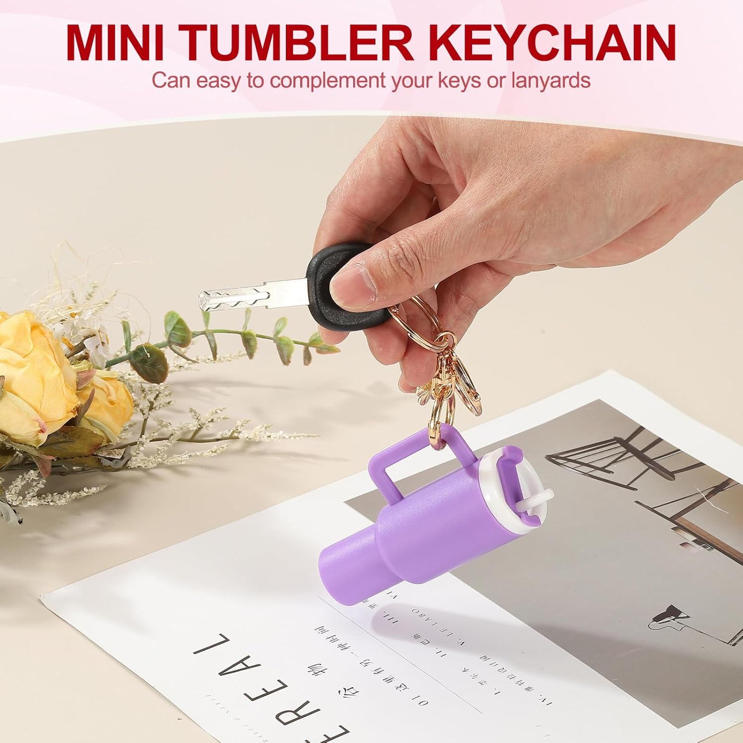 Mini Tumbler Keychain, 2Pcs Cute Cup Keychain Lip Balm Holder Charm Purse, Flower Pink, Dark Purple - - Image 4