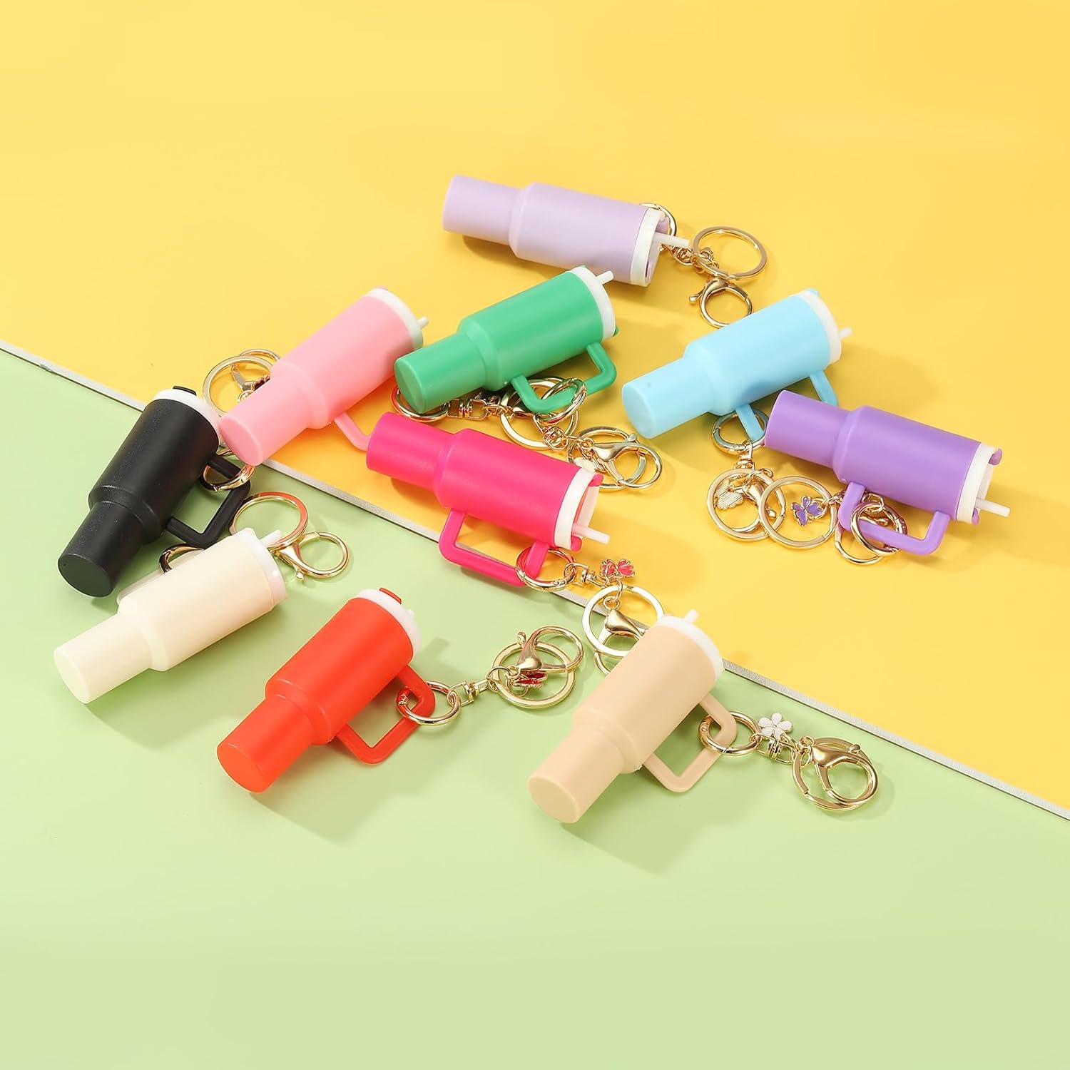 Mini Tumbler Keychain, 2Pcs Cute Cup Keychain Lip Balm Holder Charm Purse, Flower Pink, Dark Purple - - Image 7