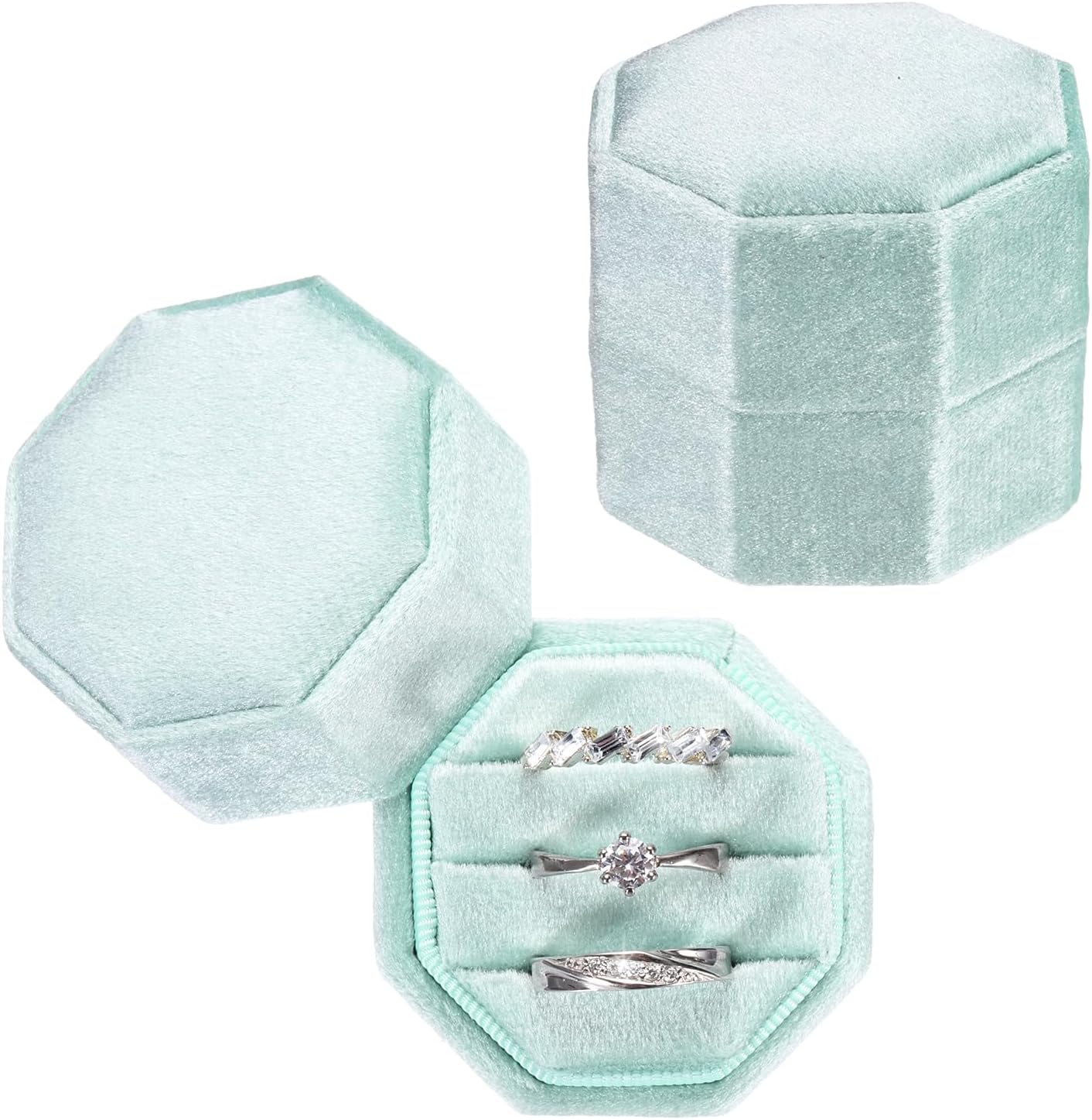 3 Slots Vintage Velvet Ring Boxes, 2 Pack Octagonal Elegant His and Her Wedding Jewelry Organizer Holders for Engagement Proposal Ceremony Anniversary, Light Blue - - Image 1