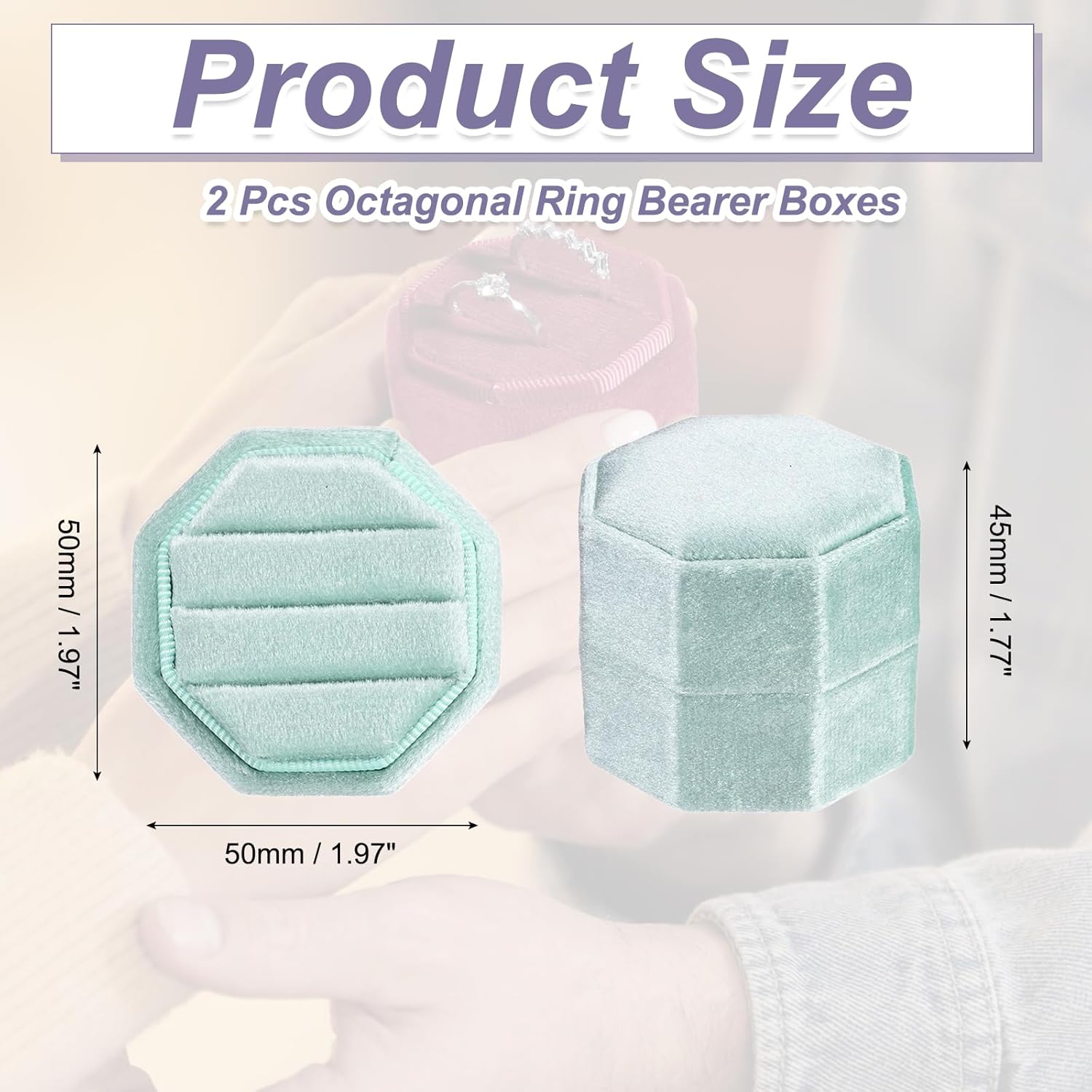3 Slots Vintage Velvet Ring Boxes, 2 Pack Octagonal Elegant His and Her Wedding Jewelry Organizer Holders for Engagement Proposal Ceremony Anniversary, Light Blue - - Image 2