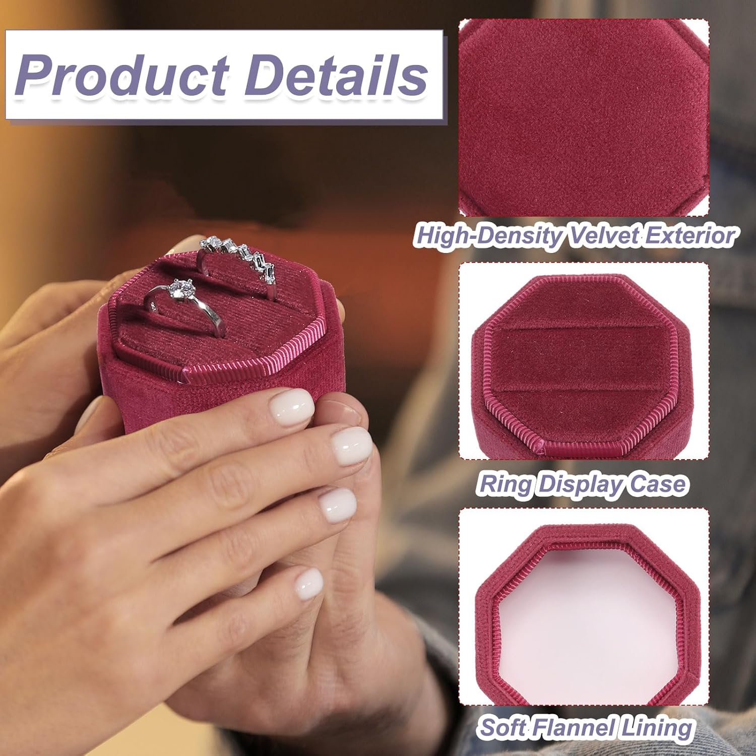 3 Slots Vintage Velvet Ring Boxes, 2 Pack Octagonal Elegant His and Her Wedding Jewelry Organizer Holders for Engagement Proposal Ceremony Anniversary, Light Blue - - Image 3