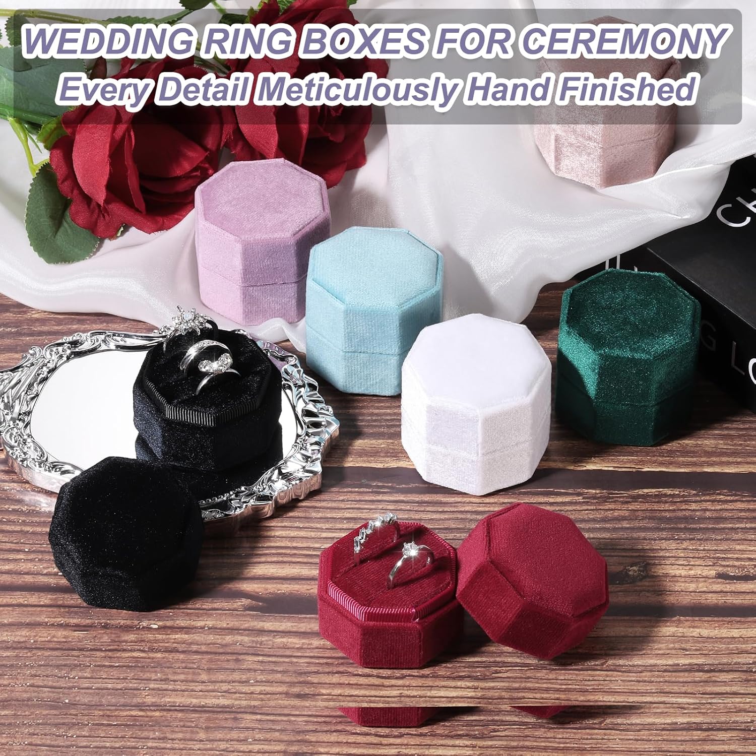 3 Slots Vintage Velvet Ring Boxes, 2 Pack Octagonal Elegant His and Her Wedding Jewelry Organizer Holders for Engagement Proposal Ceremony Anniversary, Light Blue - - Image 4