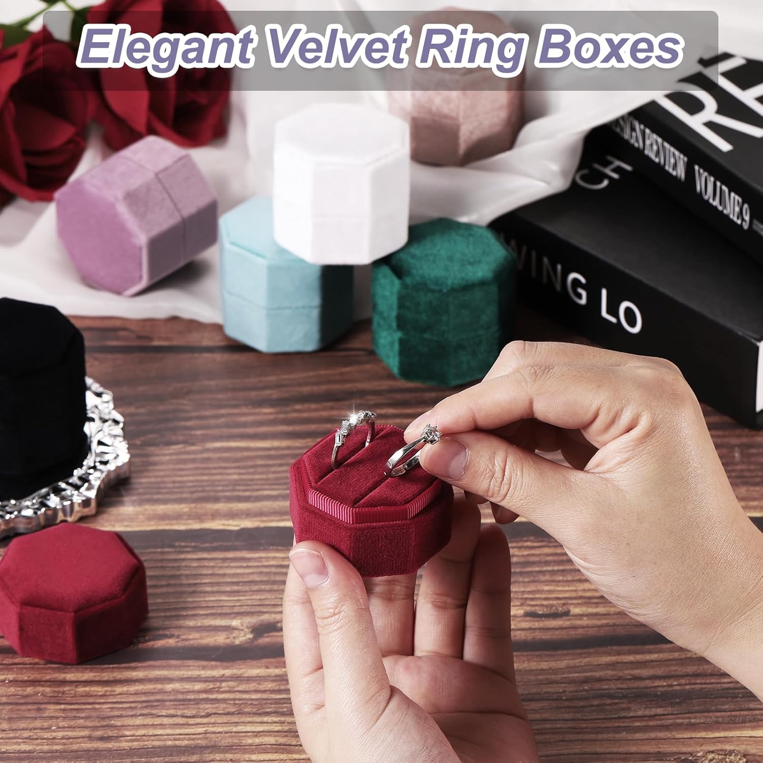 3 Slots Vintage Velvet Ring Boxes, 2 Pack Octagonal Elegant His and Her Wedding Jewelry Organizer Holders for Engagement Proposal Ceremony Anniversary, Light Blue - - Image 5