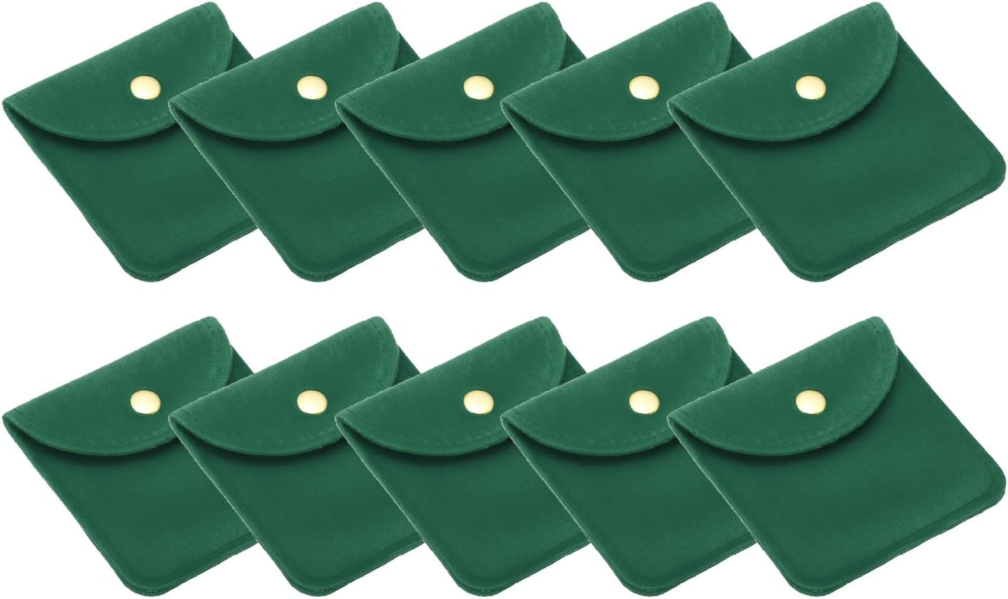 8x8cm Jewelry Pouches with Snap Button, 10 Pack Velvet Portable Soft Storage for Necklace Bracelet Earring Watch Rings Brooch, Dark Green - Image 1