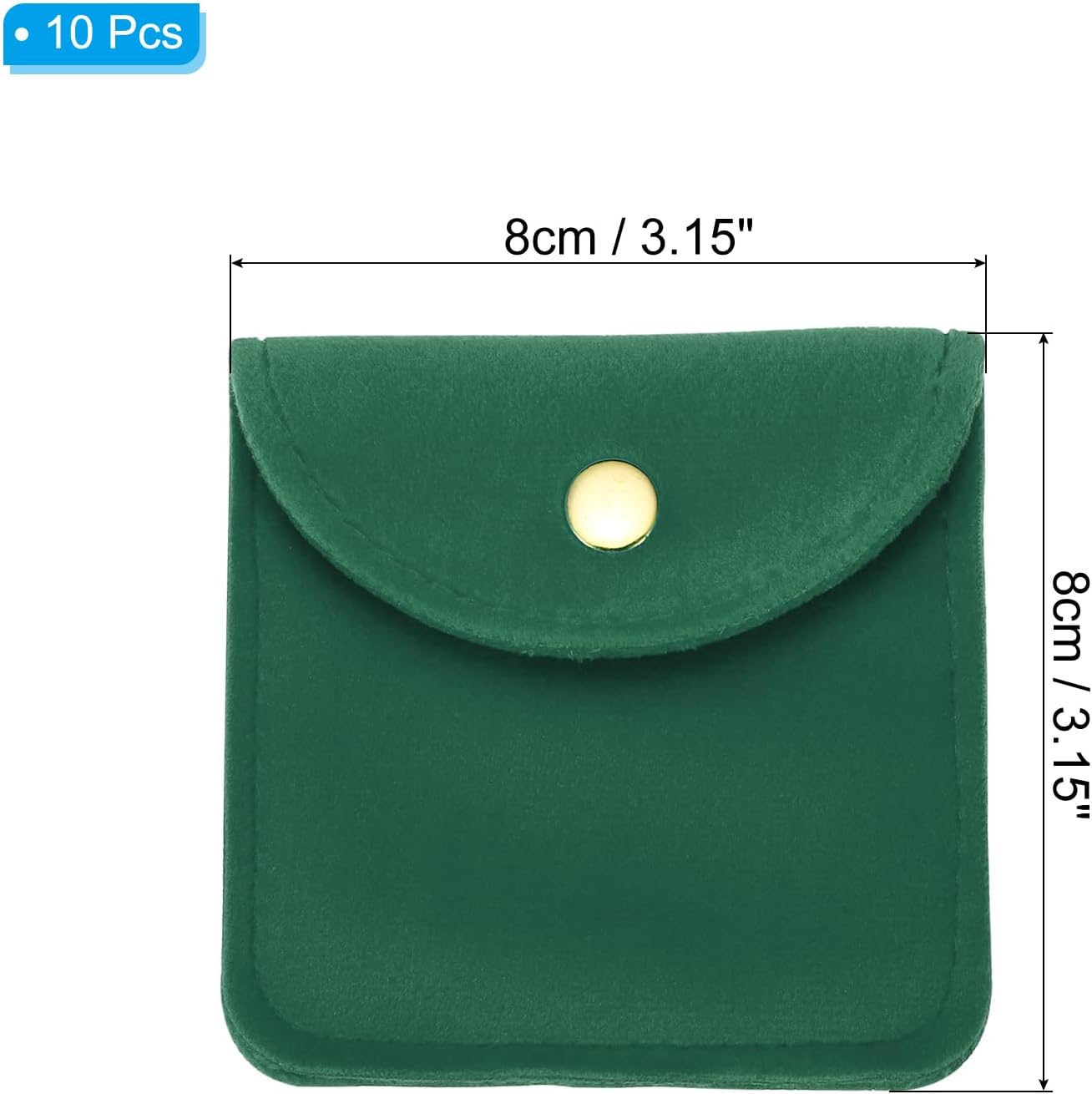 8x8cm Jewelry Pouches with Snap Button, 10 Pack Velvet Portable Soft Storage for Necklace Bracelet Earring Watch Rings Brooch, Dark Green - Image 2