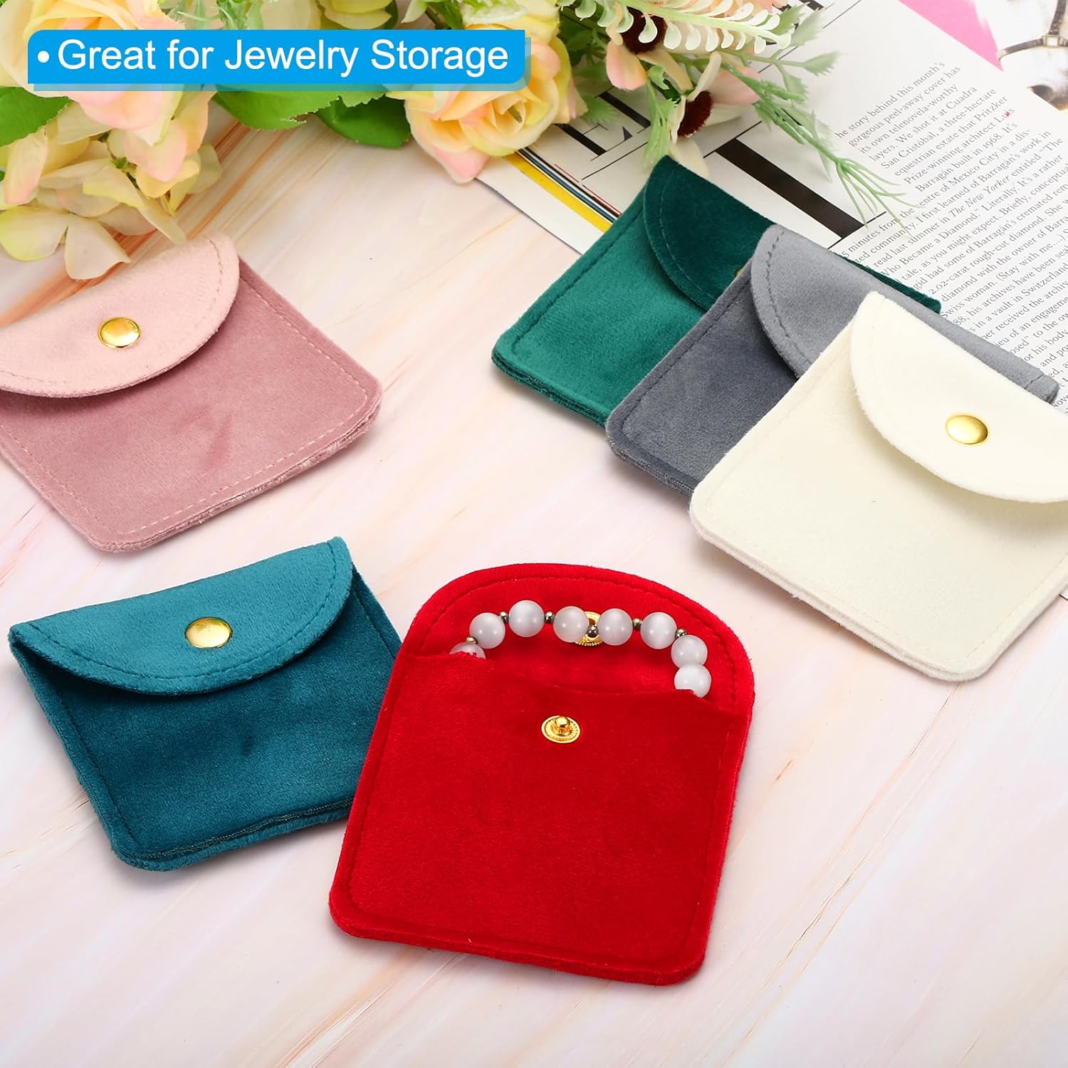 8x8cm Jewelry Pouches with Snap Button, 10 Pack Velvet Portable Soft Storage for Necklace Bracelet Earring Watch Rings Brooch, Dark Green - Image 5