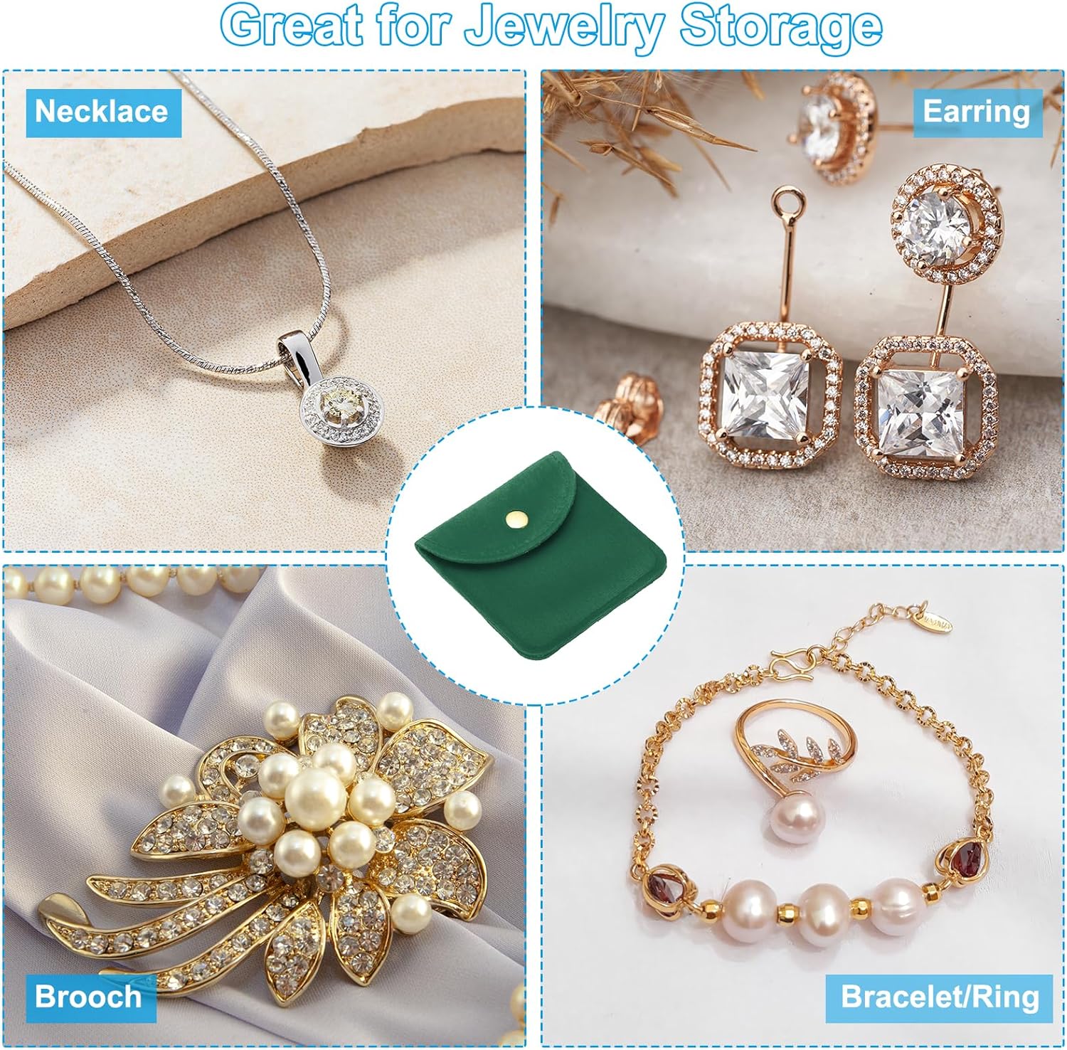 8x8cm Jewelry Pouches with Snap Button, 10 Pack Velvet Portable Soft Storage for Necklace Bracelet Earring Watch Rings Brooch, Dark Green - Image 6
