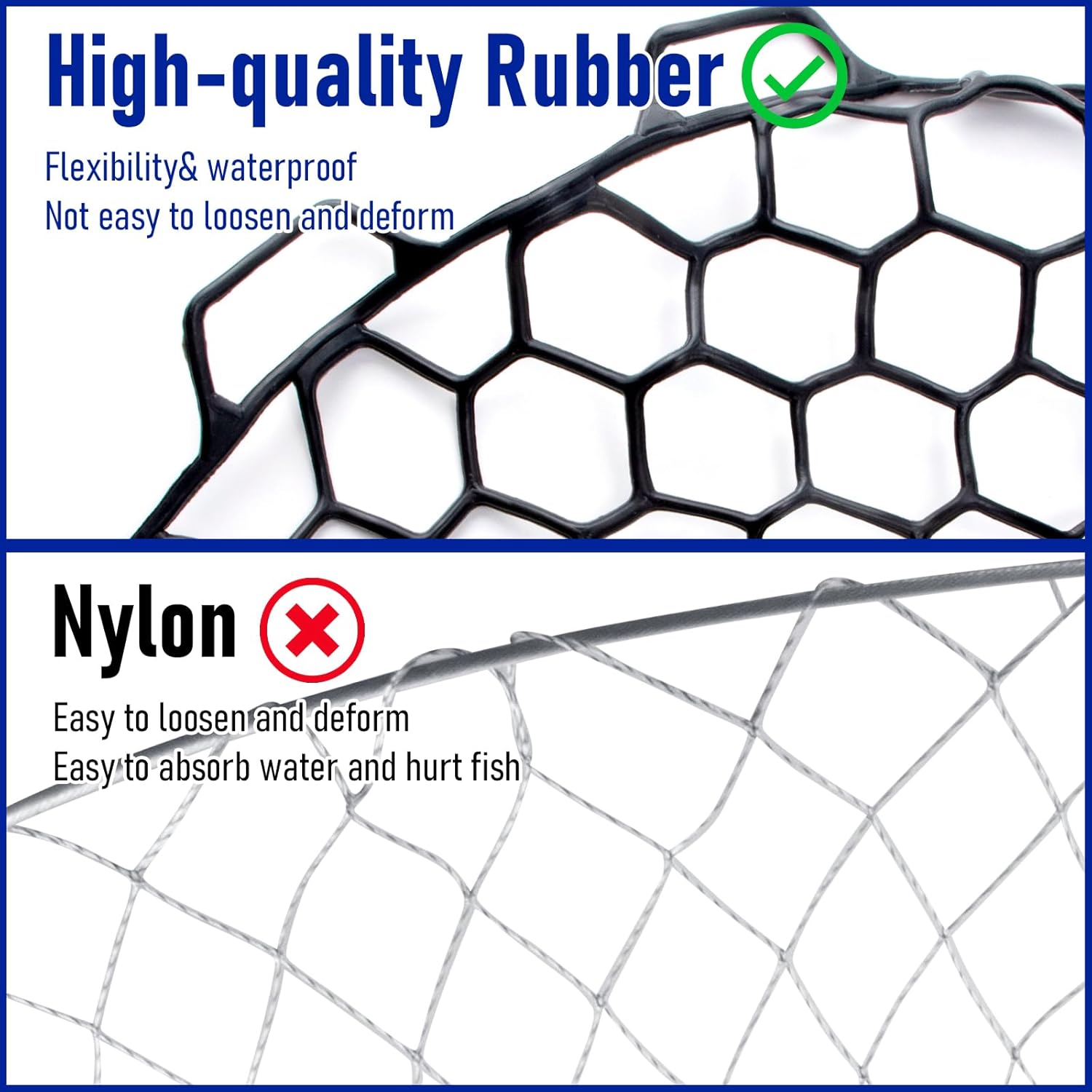 Fishing Landing Net Replacement Rubber Without Handle Foldable Mesh Netting for Freshwater Saltwater Black F-59.06'' Girth(21.65'' Dia, 19.7*5