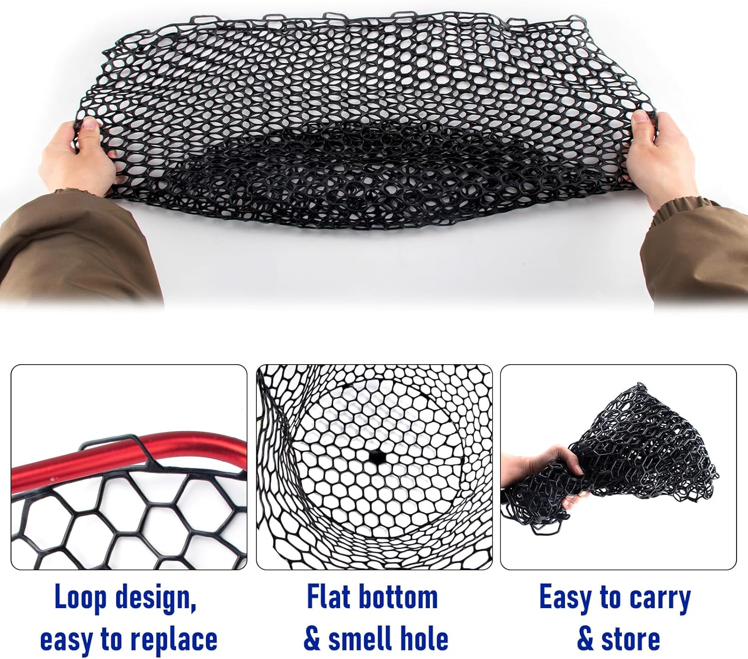 Fishing Landing Net Replacement Rubber Without Handle Foldable Mesh Netting for Freshwater Saltwater Black F-59.06'' Girth(21.65'' Dia, 19.7*5