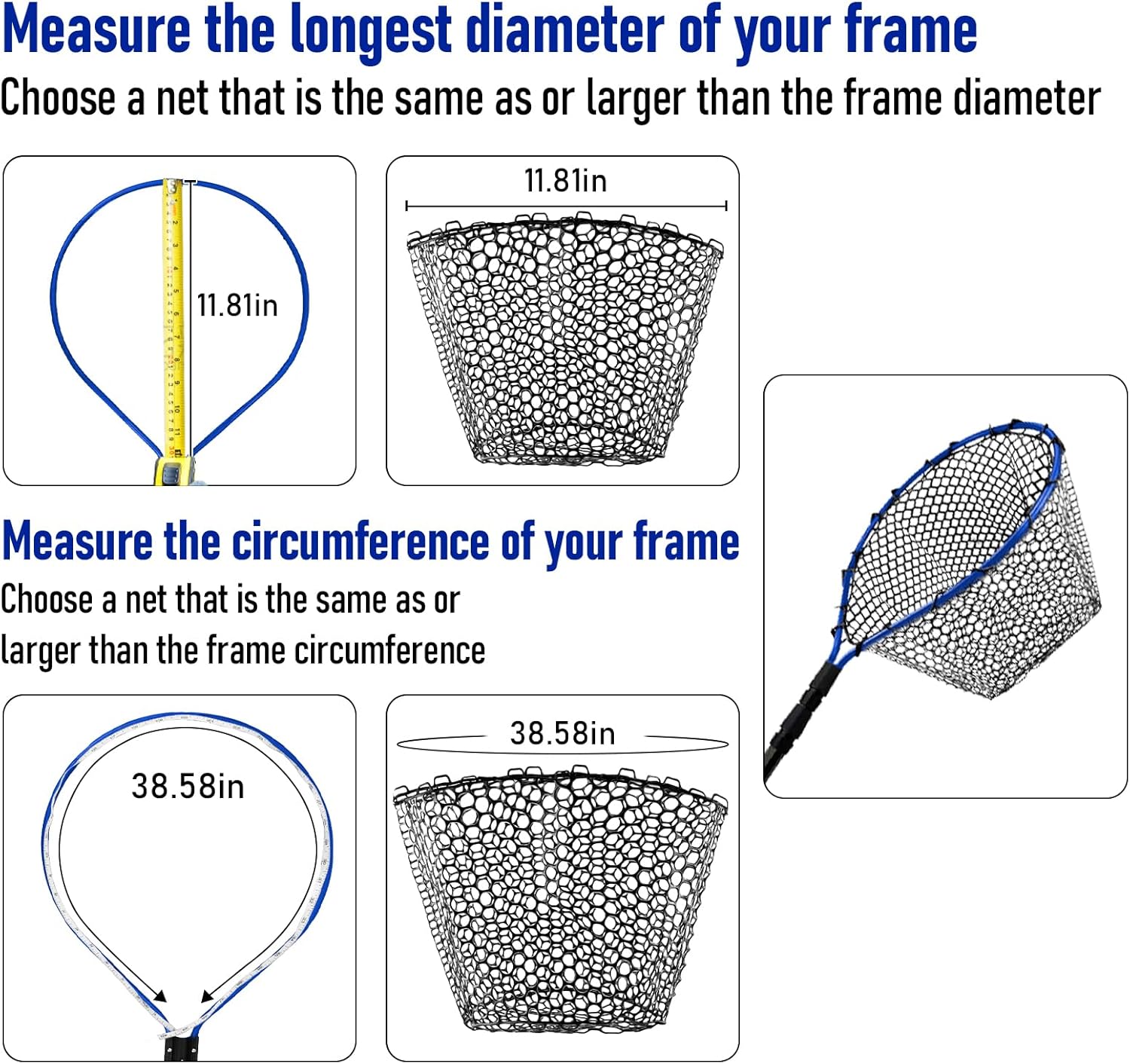 Fishing Landing Net Replacement Rubber Without Handle Foldable Mesh Netting for Freshwater Saltwater Black F-59.06'' Girth(21.65'' Dia, 19.7*5
