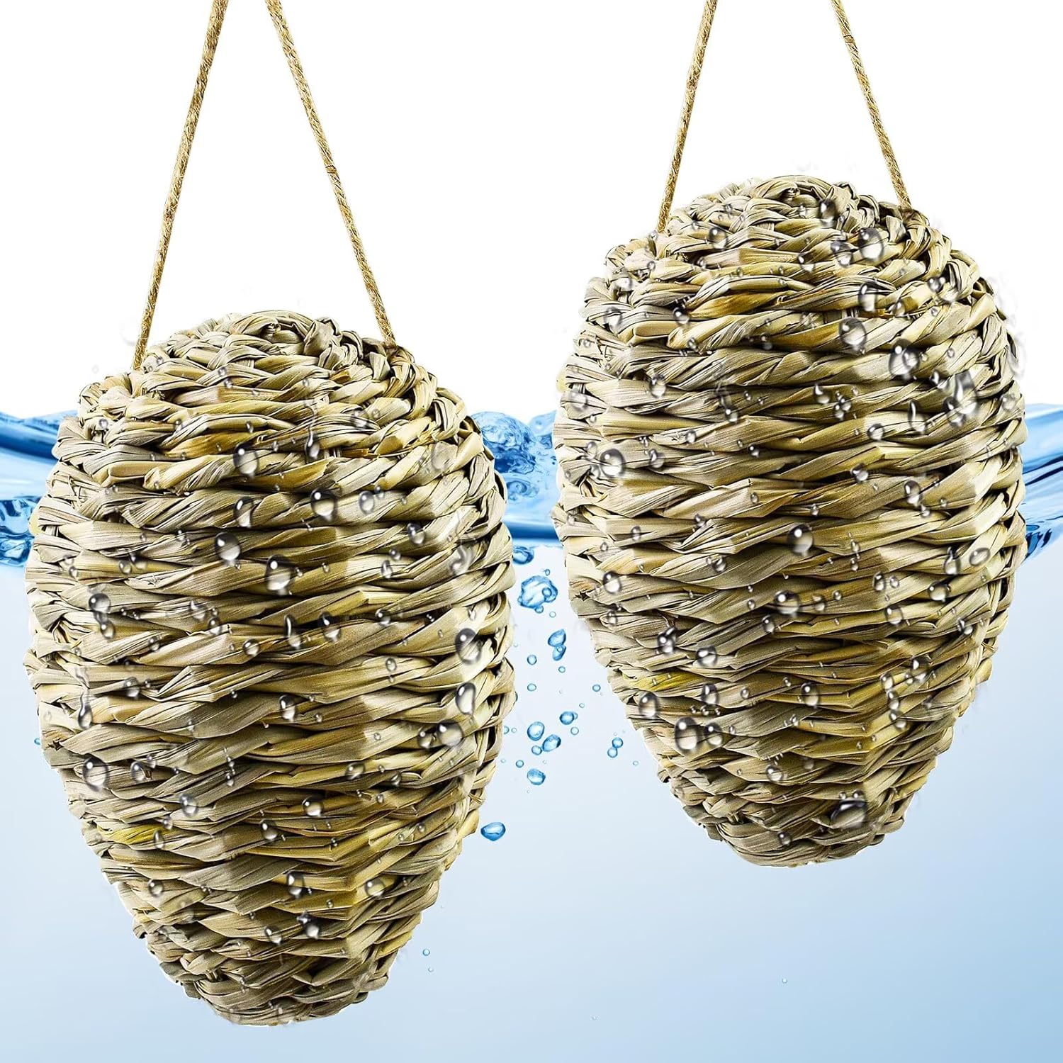 Woven Crochet Wasp Nest Decoy, Waterproof Faux Hanging Hornets Hive Nests Artificial Fake Decoy Decoration for Patio Eaves Yard Home Yellow-weed-2pcs-10×4In - - Image 1