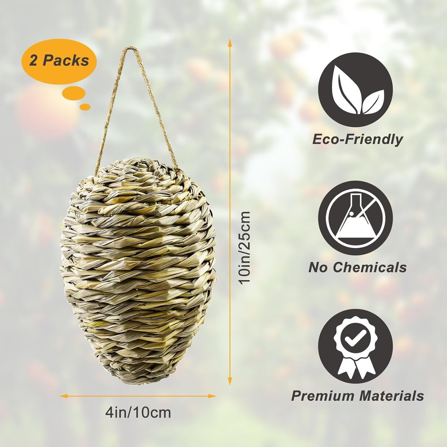 Woven Crochet Wasp Nest Decoy, Waterproof Faux Hanging Hornets Hive Nests Artificial Fake Decoy Decoration for Patio Eaves Yard Home Yellow-weed-2pcs-10×4In - - Image 2