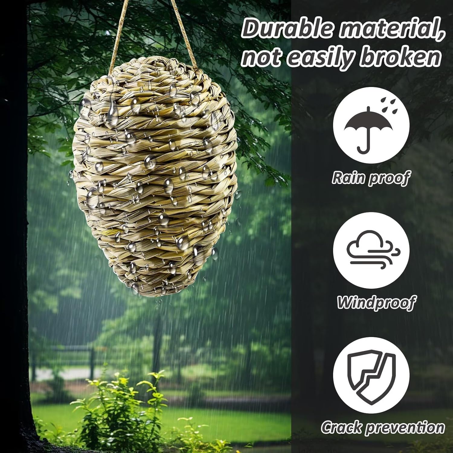 Woven Crochet Wasp Nest Decoy, Waterproof Faux Hanging Hornets Hive Nests Artificial Fake Decoy Decoration for Patio Eaves Yard Home Yellow-weed-2pcs-10×4In - - Image 3