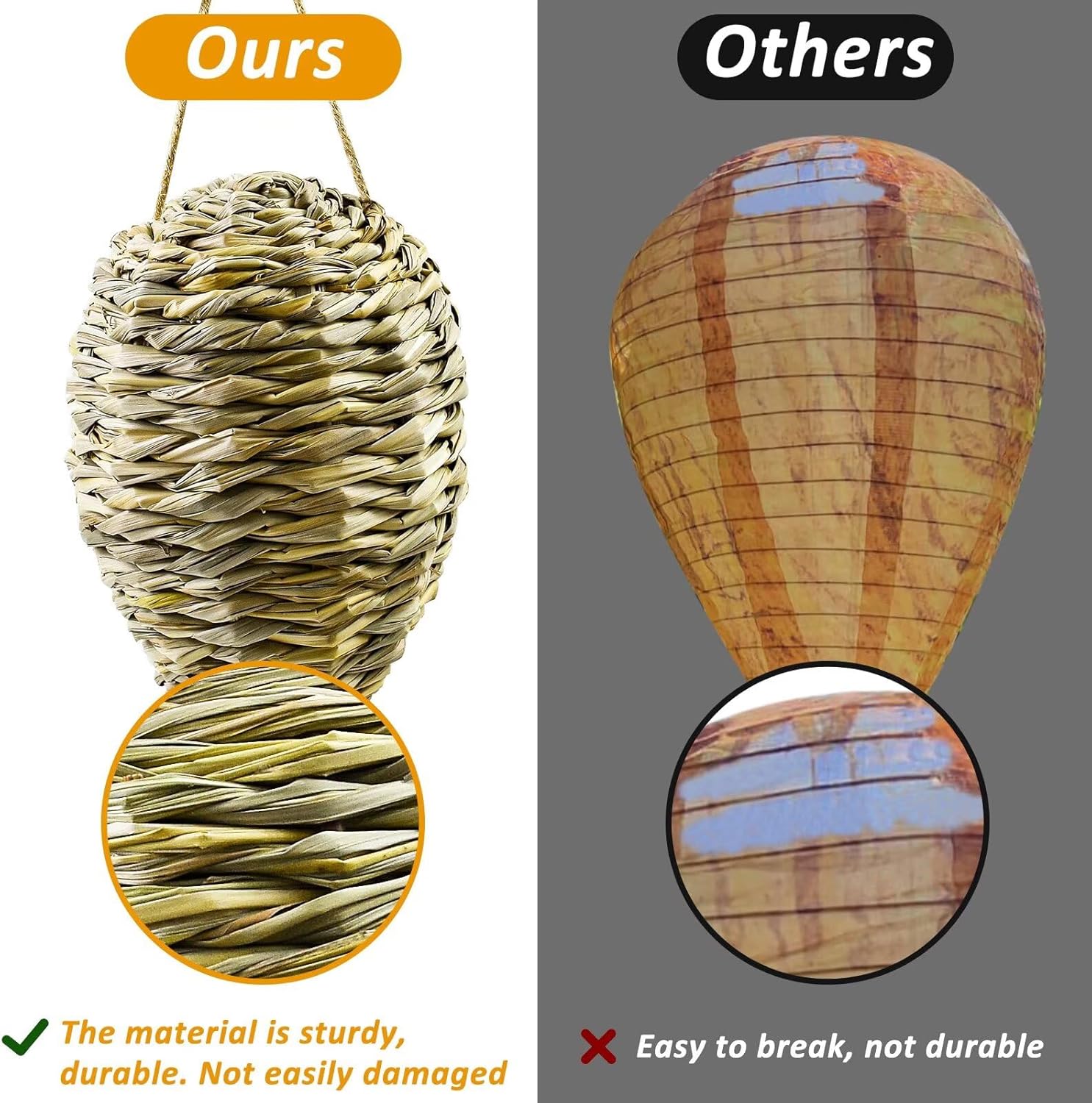 Woven Crochet Wasp Nest Decoy, Waterproof Faux Hanging Hornets Hive Nests Artificial Fake Decoy Decoration for Patio Eaves Yard Home Yellow-weed-2pcs-10×4In - - Image 4