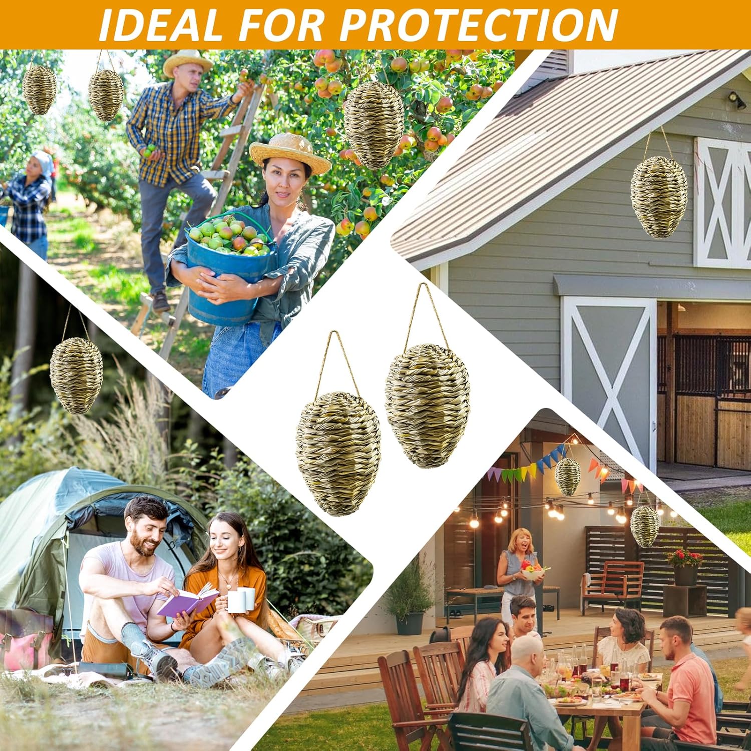 Woven Crochet Wasp Nest Decoy, Waterproof Faux Hanging Hornets Hive Nests Artificial Fake Decoy Decoration for Patio Eaves Yard Home Yellow-weed-2pcs-10×4In - - Image 5