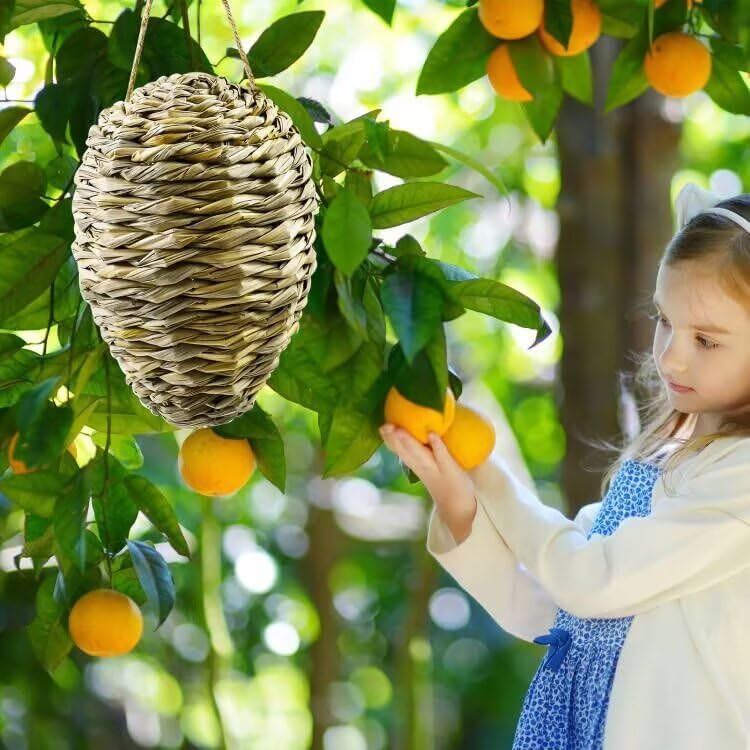 Woven Crochet Wasp Nest Decoy, Waterproof Faux Hanging Hornets Hive Nests Artificial Fake Decoy Decoration for Patio Eaves Yard Home Yellow-weed-2pcs-10×4In - - Image 6