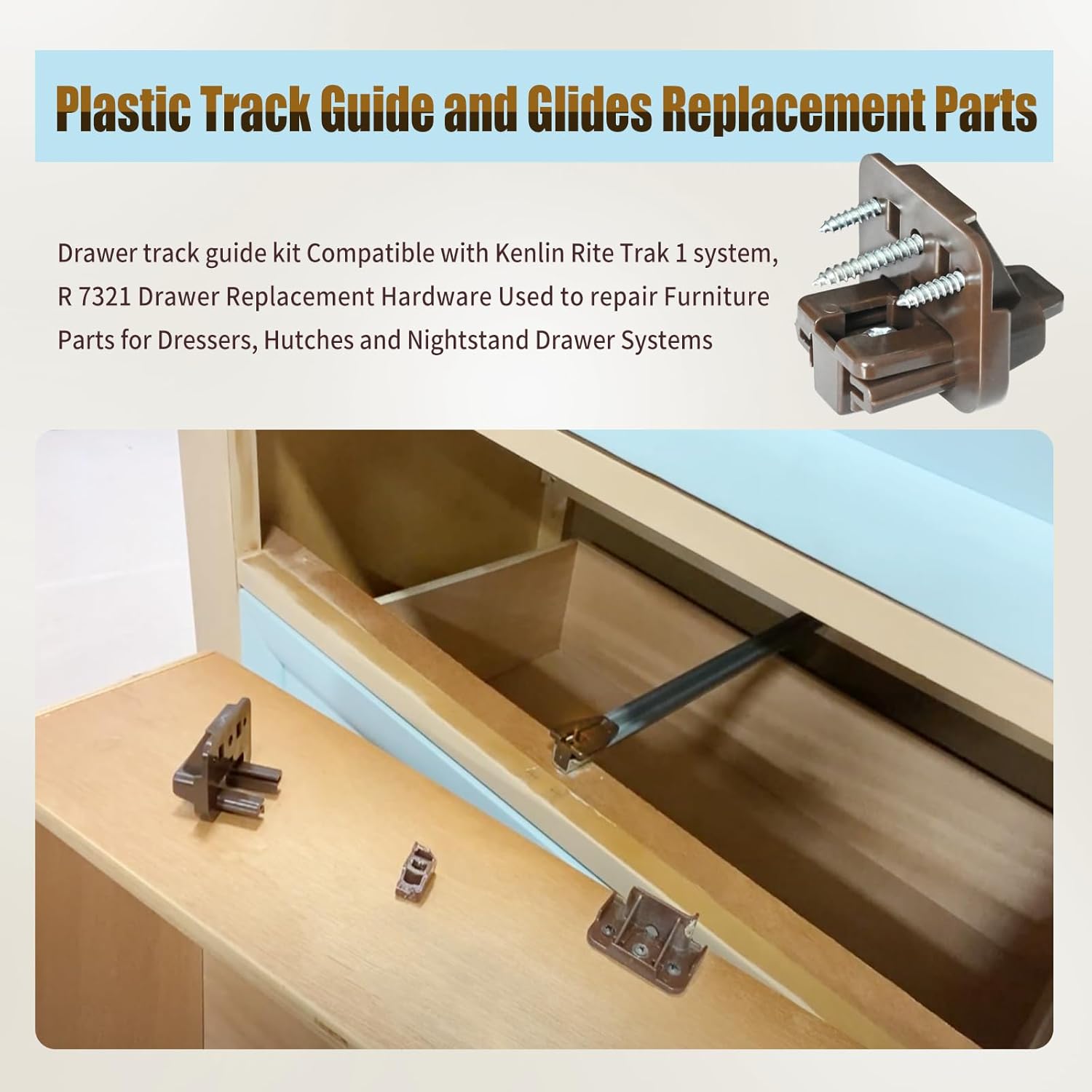 5 Set R 7321 Track Guide and Glides Replacement,Drawer kit Compatible with Kenlin Rite Trak 1 System, Drawer Hardware to Repair Furniture for Dressers, Hutches & Nightstand Systems - - Image 2