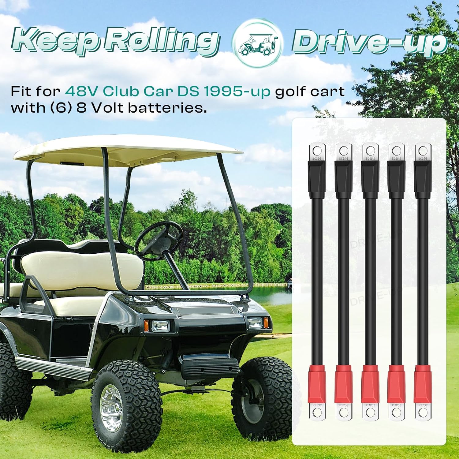 Club Car DS Battery Cables, Golf Cart Cables for 1995-Up Carts 48V 4 Gauge (Set of 5) - - Image 2