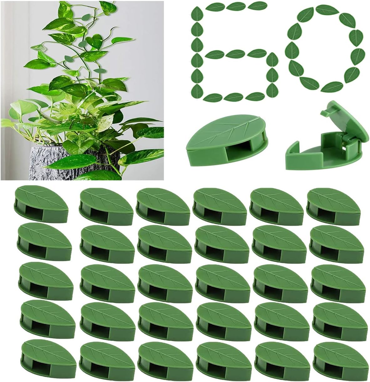 60 Pcs Plant Climbing Wall Fixture Clips Acrylic Self-Adhesive Sticker Fixer Vine Traction Invisible Holder Green Leaf Vines Hook Fixing Clip Indoor Outdoor Decoration - 60PCS - Image 1