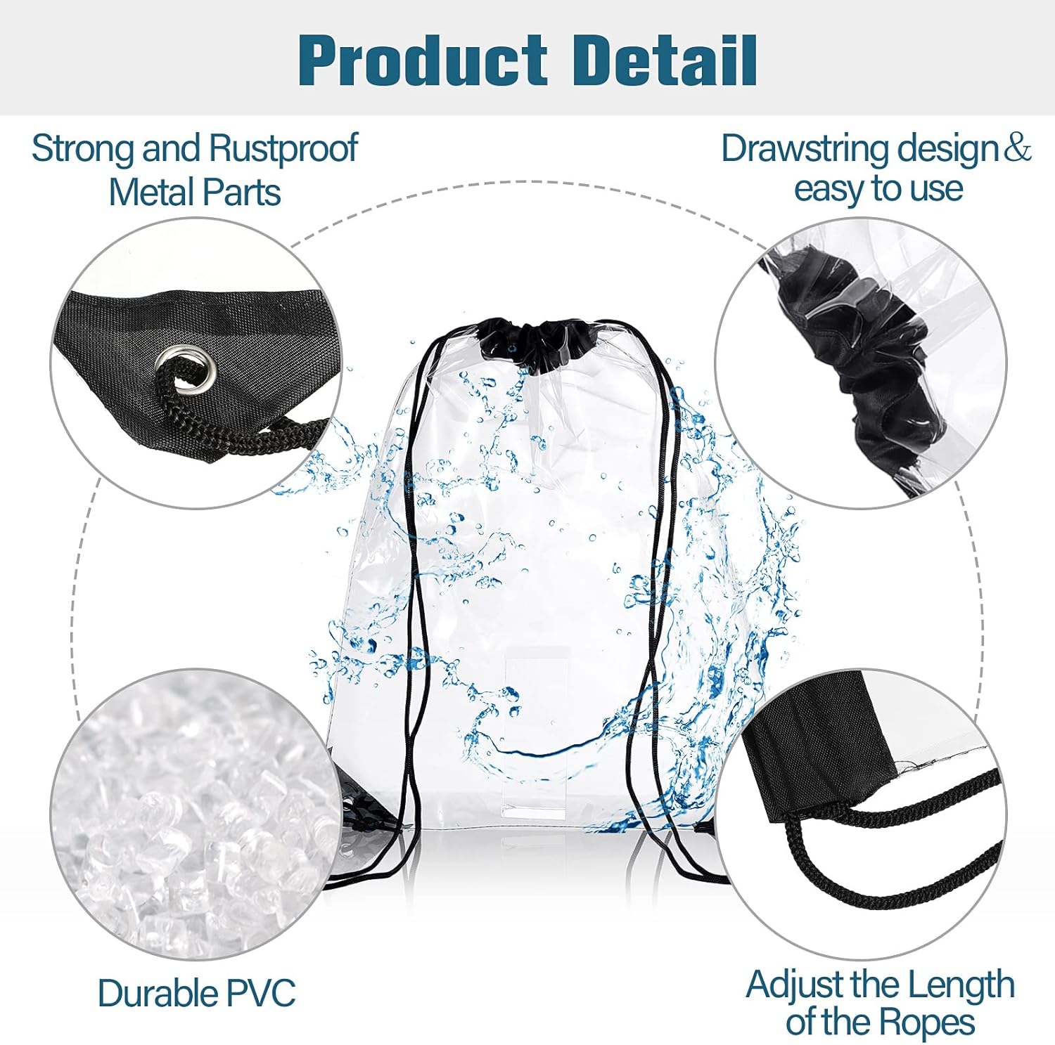 15 Pieces PVC Clear Drawstring Bag Small Waterproof Plastic Backpack For Stadiums Sporting Events (Black) Black - - Image 3