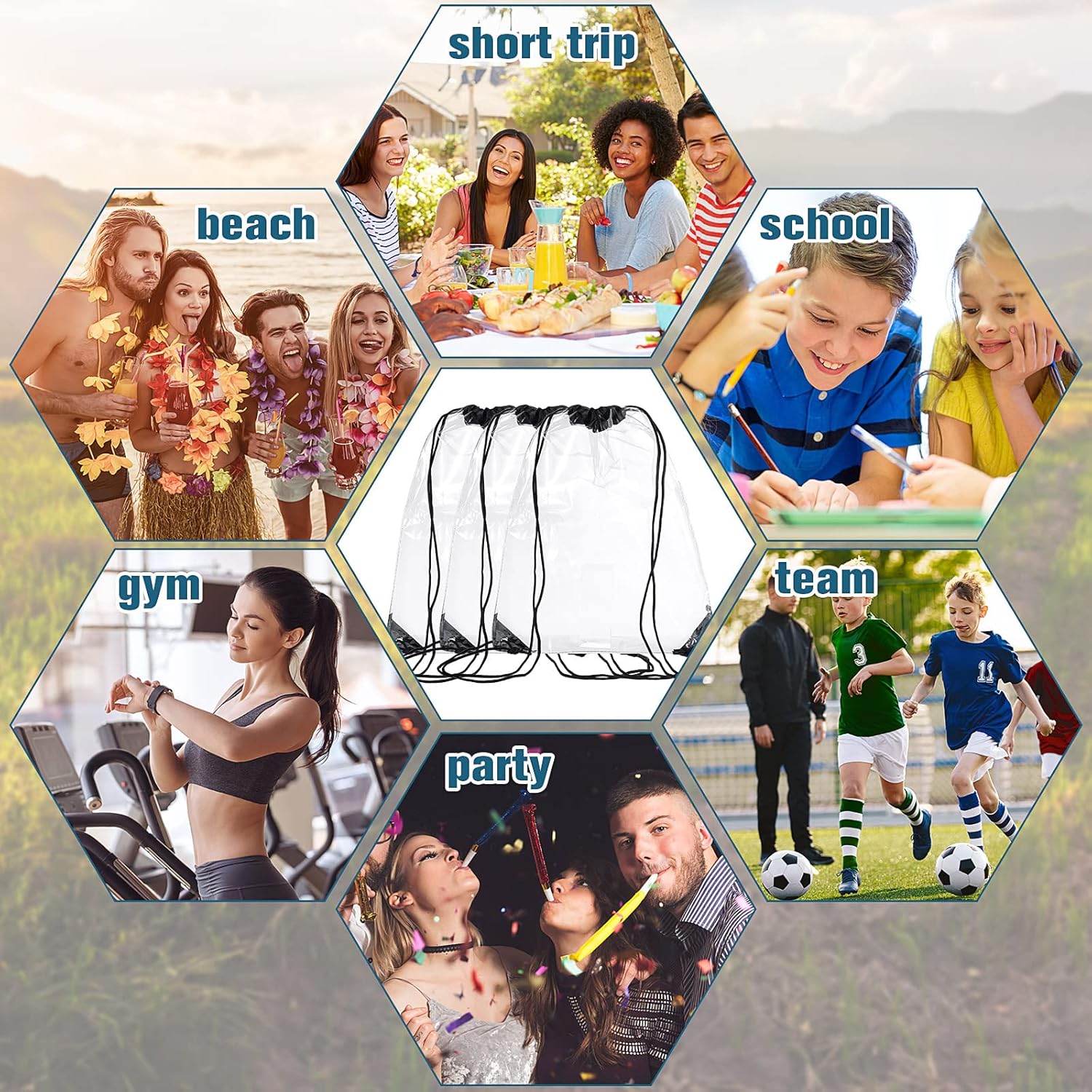 15 Pieces PVC Clear Drawstring Bag Small Waterproof Plastic Backpack For Stadiums Sporting Events (Black) Black - - Image 6