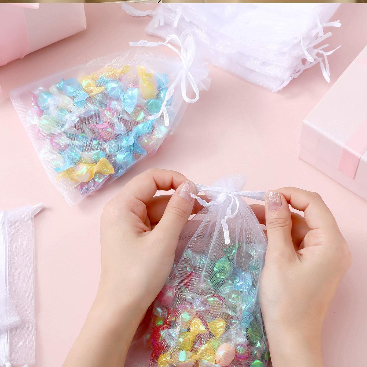 100 Pcs Sheer Organza Bags Wedding Favor Mesh Drawstring Thank You Gift Bag for Guests Candy Favors, Bridal Shower, Anniversary, Birthday(4 x 6 Inch,White) White 1 Count (Pack of 100) - Image 4