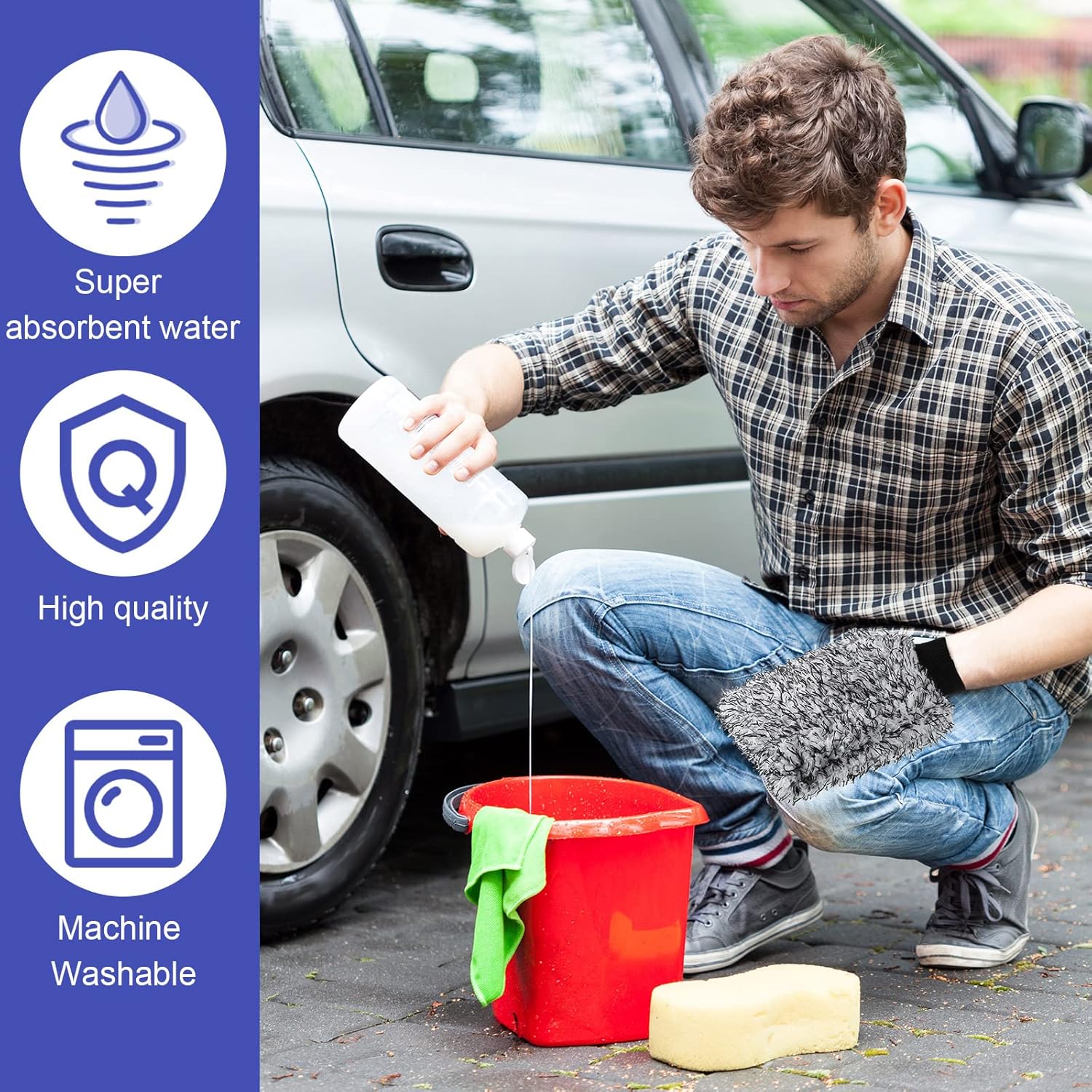 12 Pcs Microfiber Car Wash Mitts, Scratch Free Ultra Absorbent Sponge Glove Cleaner Mitts for Wheel Trucks Home Cleaning (Black and White,Blue White) - - Image 5