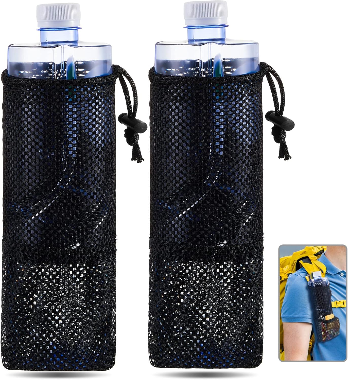 2 Pcs Water Bottle Holder for Backpack Foldable Mesh and Snack Adjustable Pouch Tactical Attachments Carrier Hiking Bicycle(Black) - - Image 1