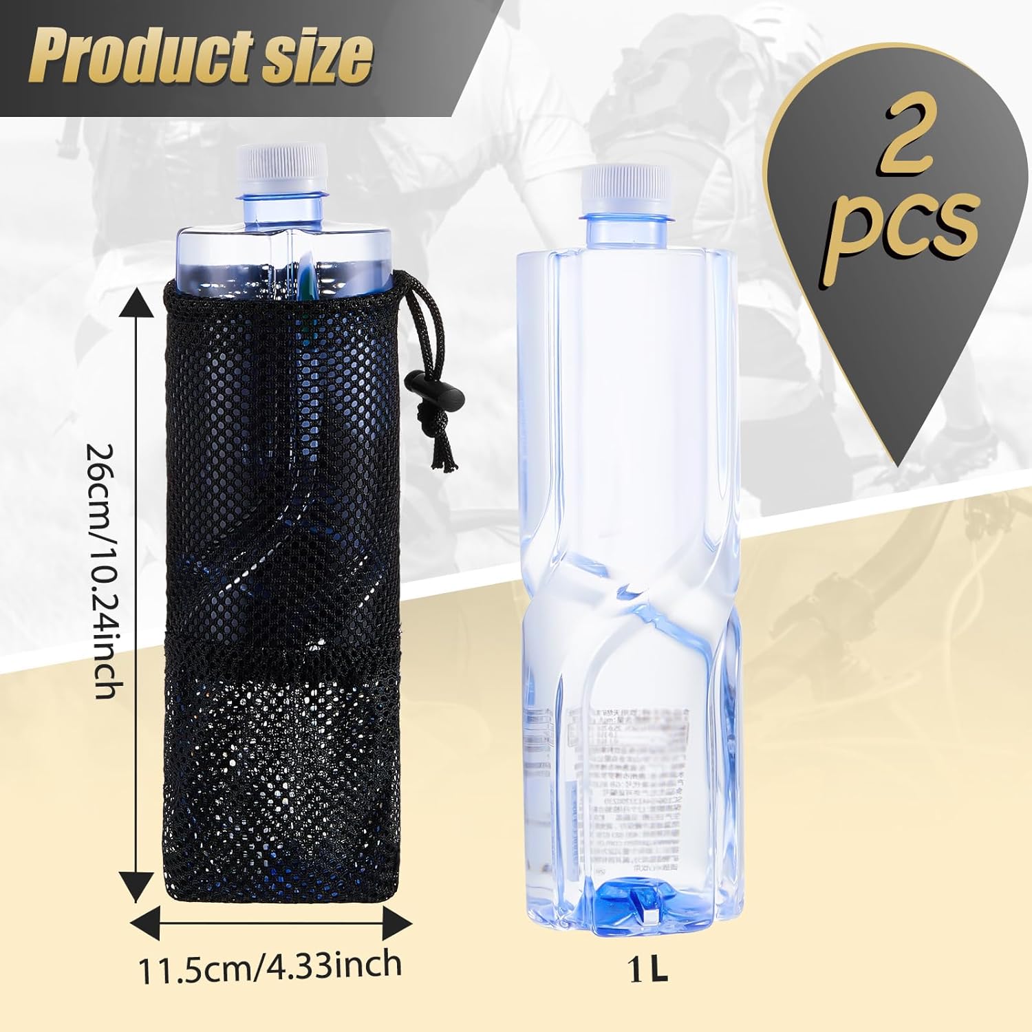 2 Pcs Water Bottle Holder for Backpack Foldable Mesh and Snack Adjustable Pouch Tactical Attachments Carrier Hiking Bicycle(Black) - - Image 2