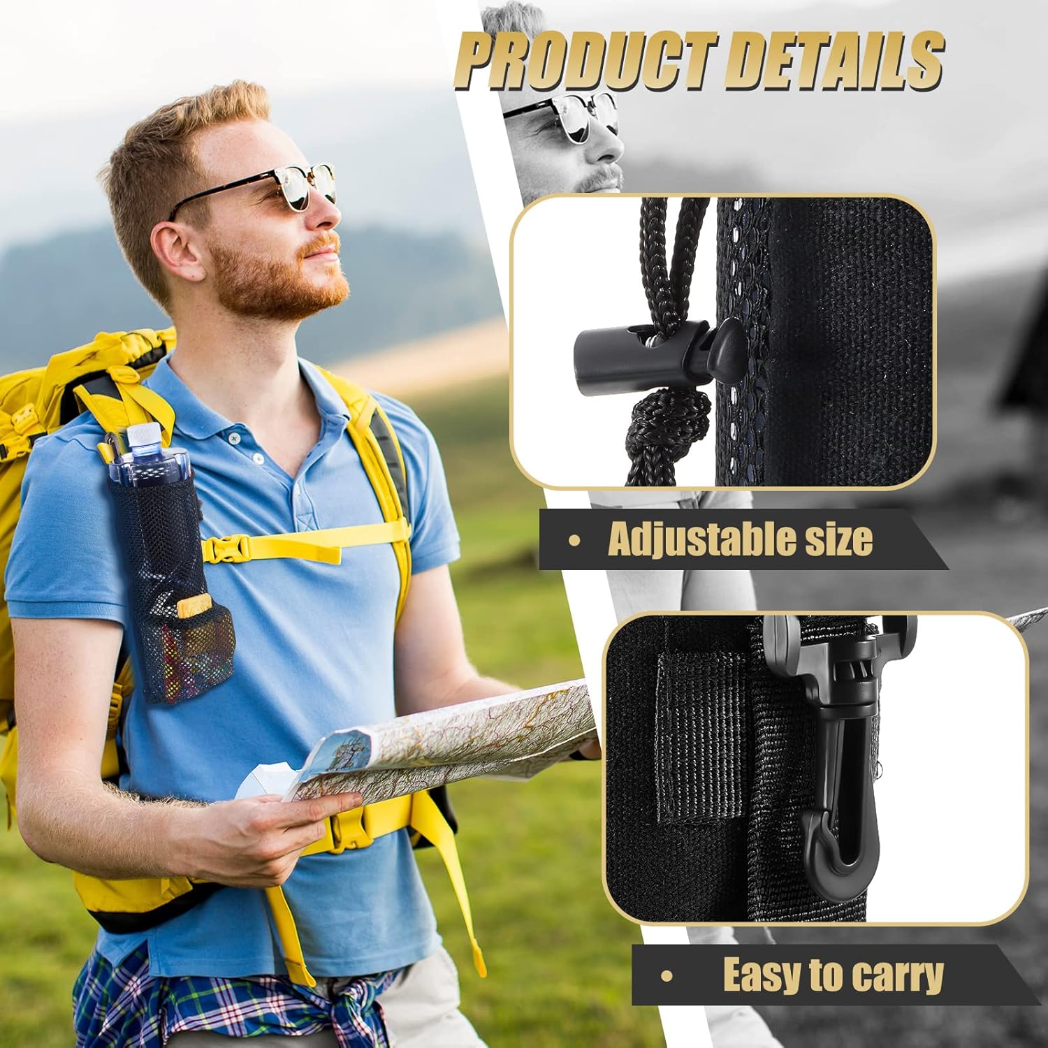 2 Pcs Water Bottle Holder for Backpack Foldable Mesh and Snack Adjustable Pouch Tactical Attachments Carrier Hiking Bicycle(Black) - - Image 3