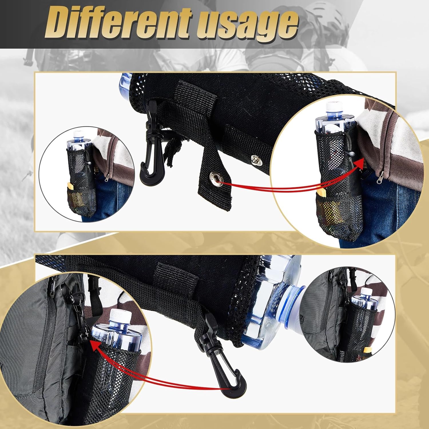 2 Pcs Water Bottle Holder for Backpack Foldable Mesh and Snack Adjustable Pouch Tactical Attachments Carrier Hiking Bicycle(Black) - - Image 4