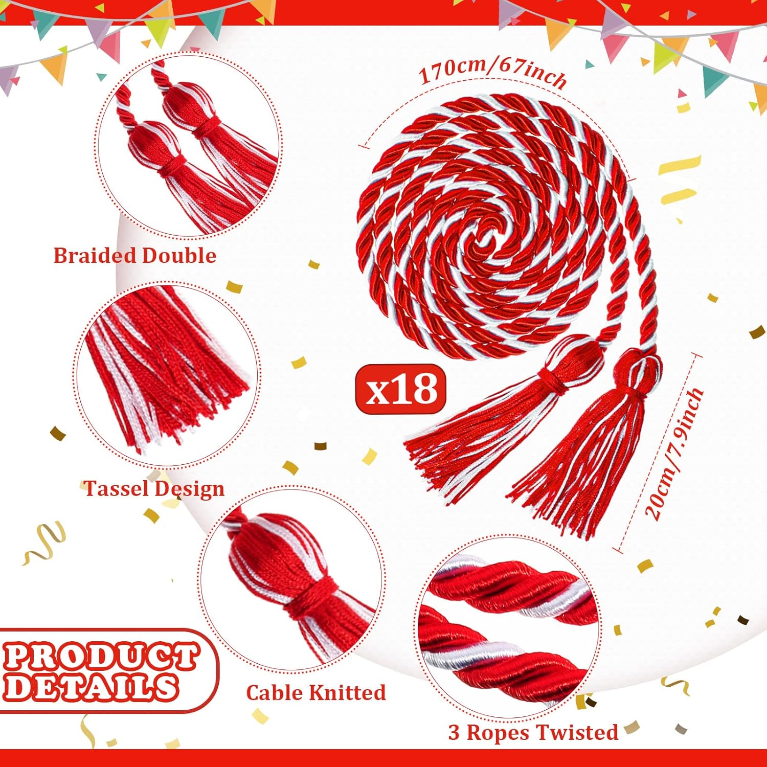 18 Pieces Graduation Cords Bulk 2026 Polyester Yarn Honor 67 Inch Braided Ropes with Tassels for College Students (Red and White) Red White - - Image 2