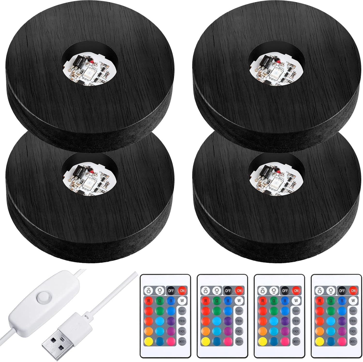 4 Pieces Wood LED Display Light Base Crystal Stand Remote Control Round 16 Lighting Modes Wooden Lighted Holder Colorful Pedestal for Glass Resin Ball(Black) black - - Image 1