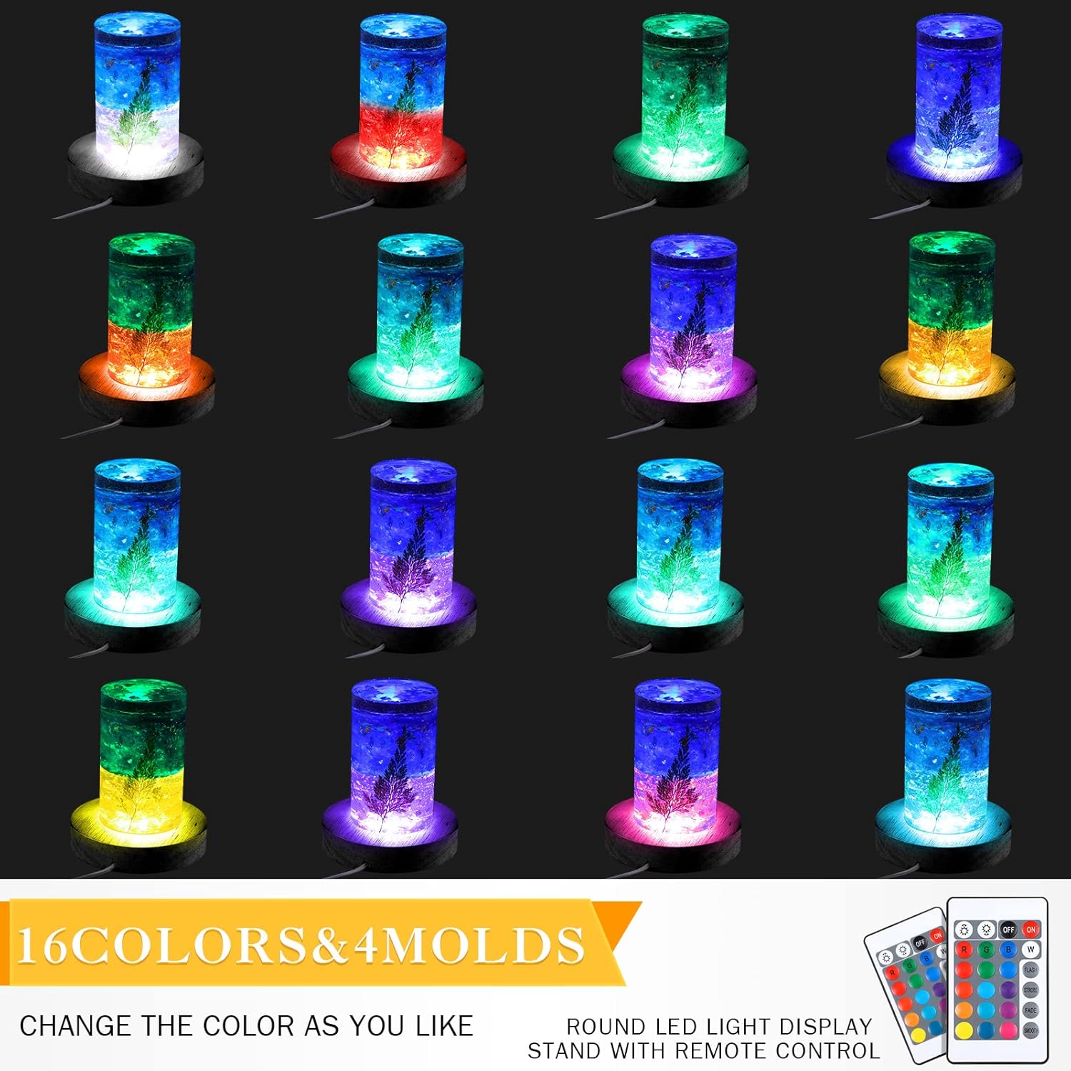 4 Pieces Wood LED Display Light Base Crystal Stand Remote Control Round 16 Lighting Modes Wooden Lighted Holder Colorful Pedestal for Glass Resin Ball(Black) black - - Image 3