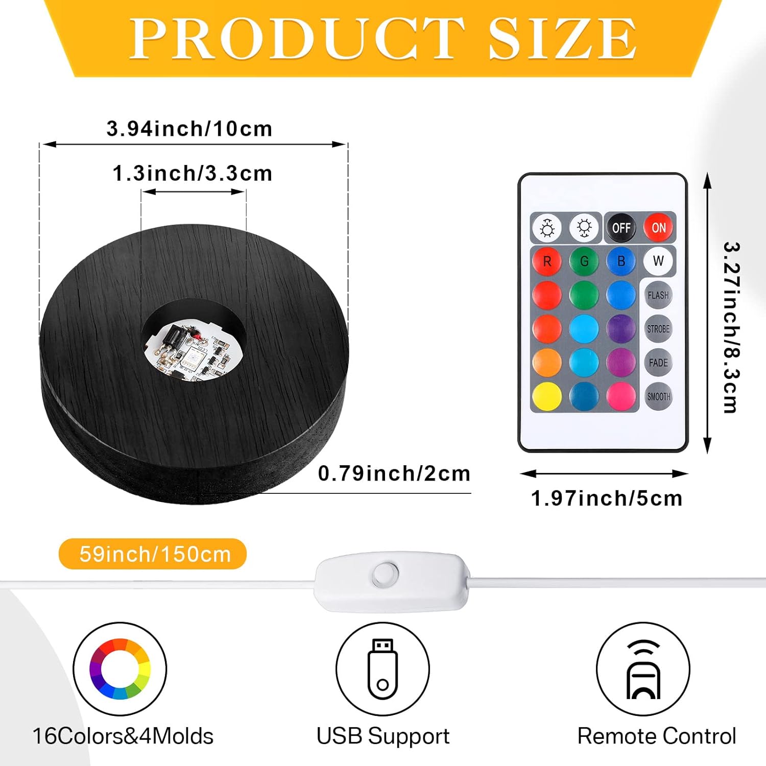 4 Pieces Wood LED Display Light Base Crystal Stand Remote Control Round 16 Lighting Modes Wooden Lighted Holder Colorful Pedestal for Glass Resin Ball(Black) black - - Image 4