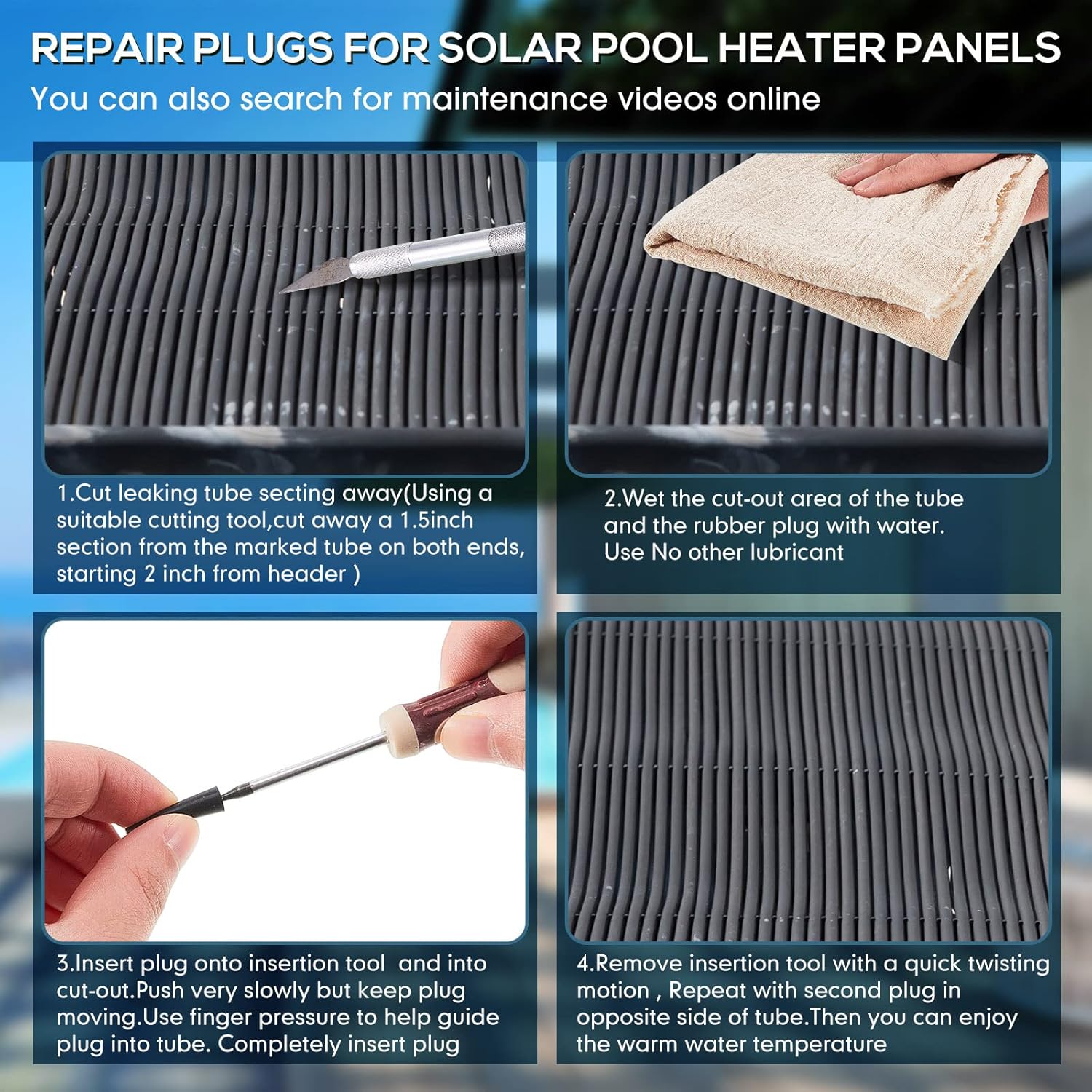60 Pcs Pool Solar Panels Repair Plugs Heater Kit for Swimming Panels, Black (0.250) - 0.250