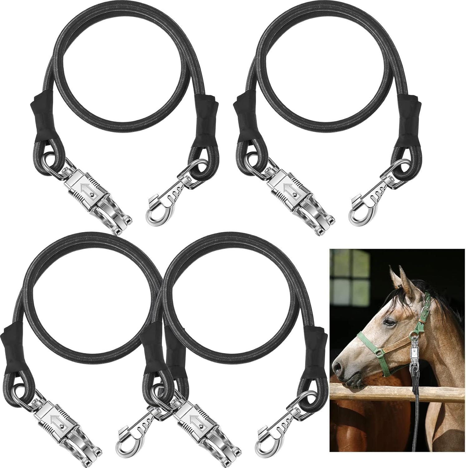 4 Pack Bungee Cross Ties Set Horse Trailer Tie Straps Bulk Cords with Snaps for Accessories, 36 Inch Long (Black) Black - - Image 1