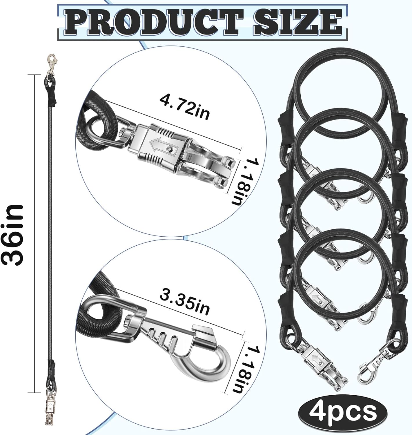 4 Pack Bungee Cross Ties Set Horse Trailer Tie Straps Bulk Cords with Snaps for Accessories, 36 Inch Long (Black) Black - - Image 2