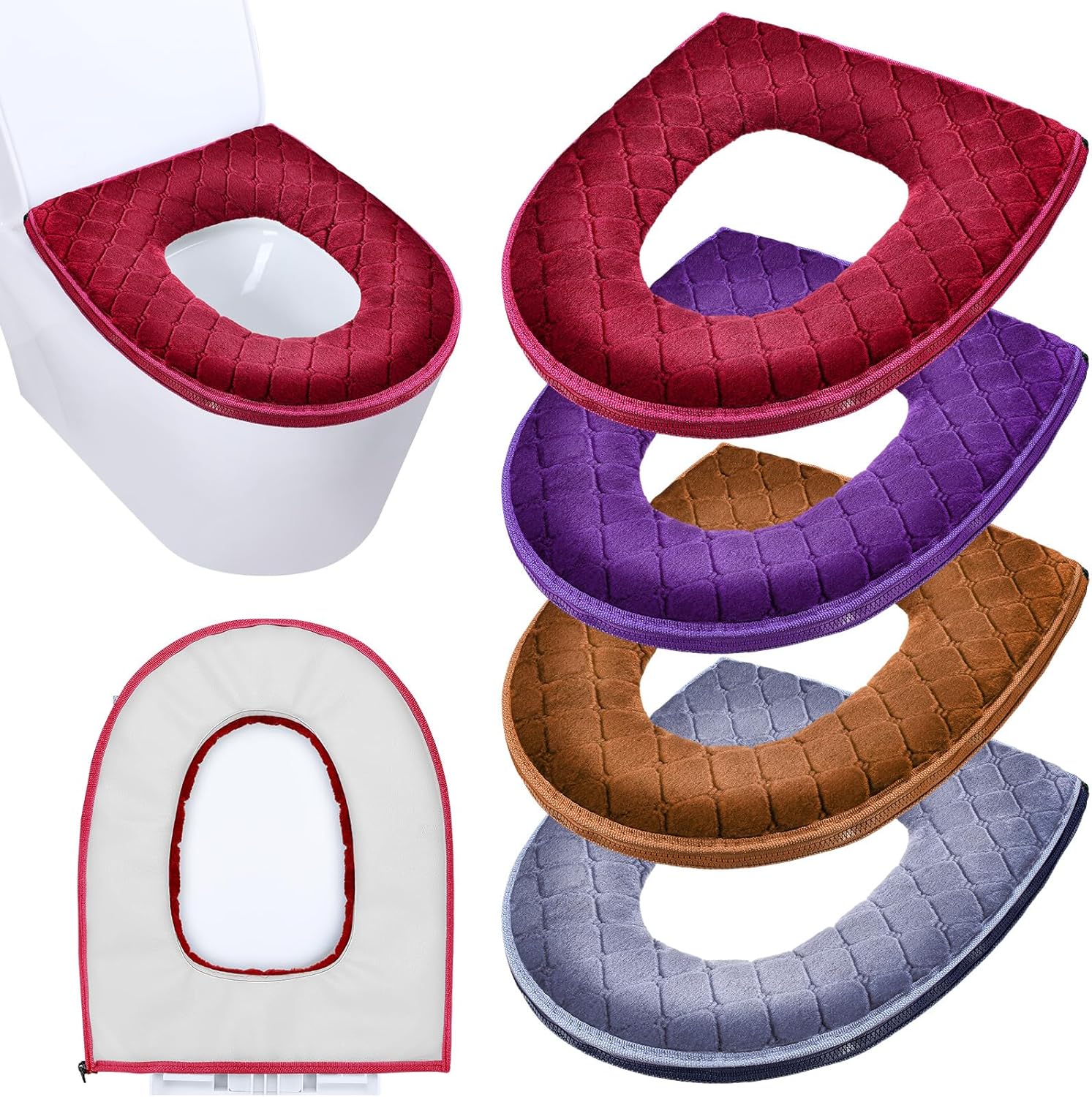 4 Pcs Toilet Seat Covers Pads for Bathroom Comfortable Cushion Cover Soft Thicker Warmer Washable Pad with Zipper Home Reusable(Modern,Gray, Violet, Red, Brown) Gray, Brown Modern - Image 1