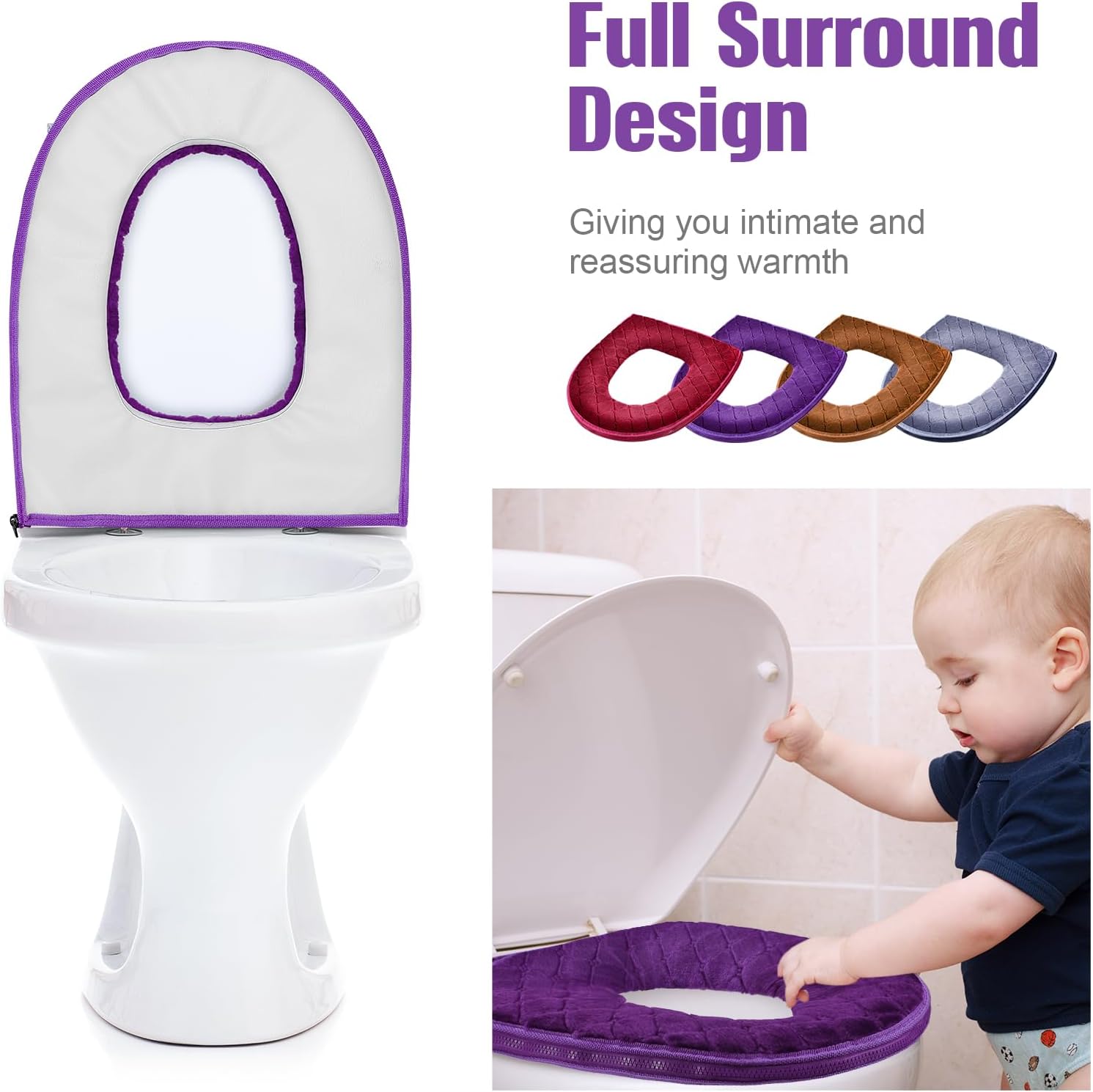 4 Pcs Toilet Seat Covers Pads for Bathroom Comfortable Cushion Cover Soft Thicker Warmer Washable Pad with Zipper Home Reusable(Modern,Gray, Violet, Red, Brown) Gray, Brown Modern - Image 4