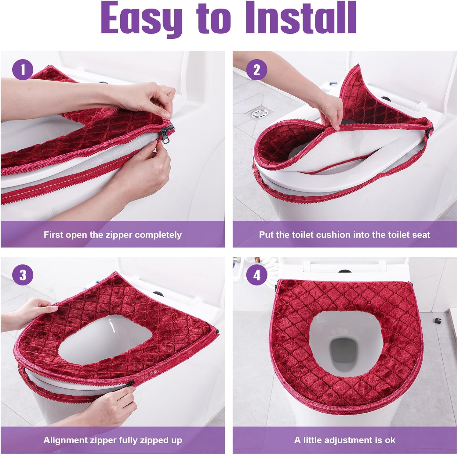 4 Pcs Toilet Seat Covers Pads for Bathroom Comfortable Cushion Cover Soft Thicker Warmer Washable Pad with Zipper Home Reusable(Modern,Gray, Violet, Red, Brown) Gray, Brown Modern - Image 5