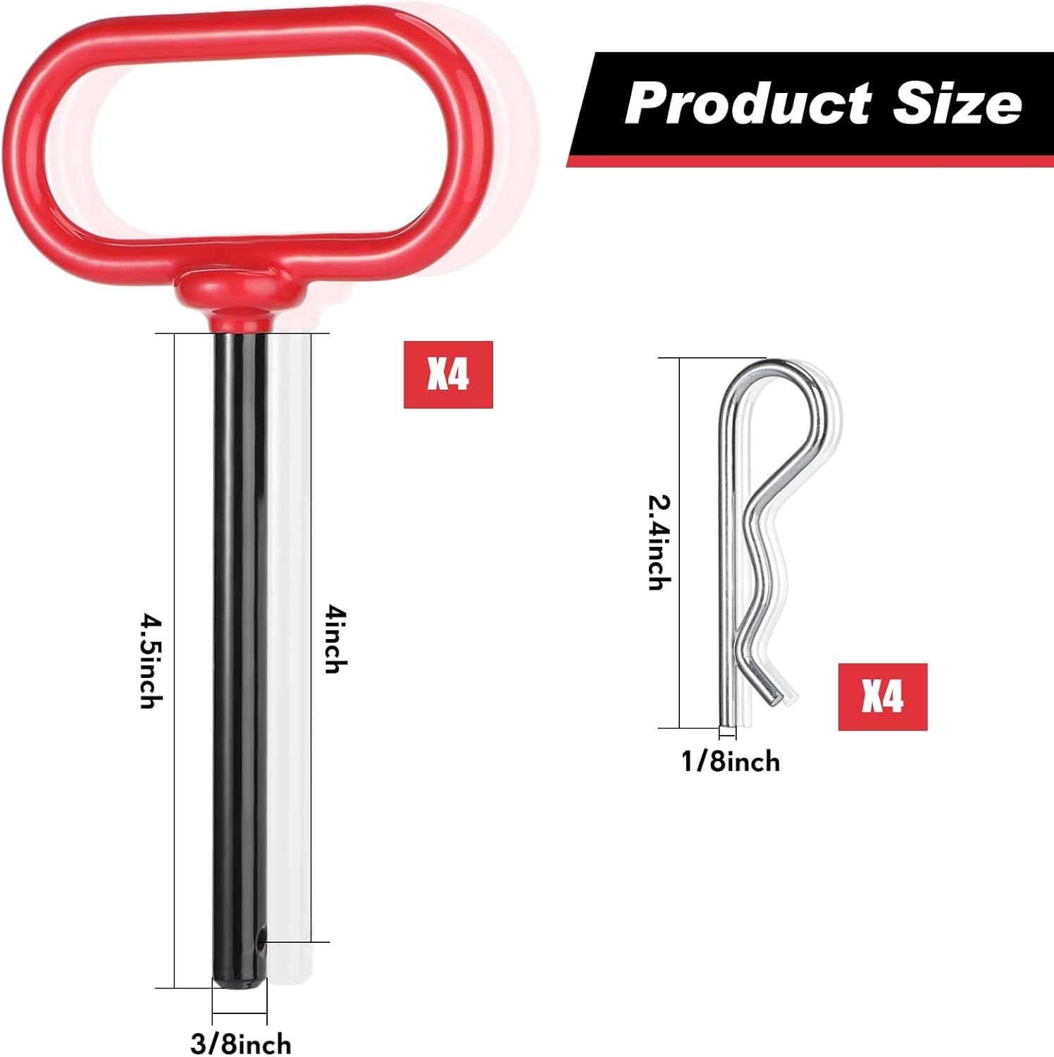 4 Pcs 3/8 x Inch Handle Hitch Pin for Tractor Trailer and Clip Tow Accessories Farm,Tractor,Turn Mower, Towing Cargo, Boat, RV, Car, Truck, Bike, ATV(Red) Red - - Image 2