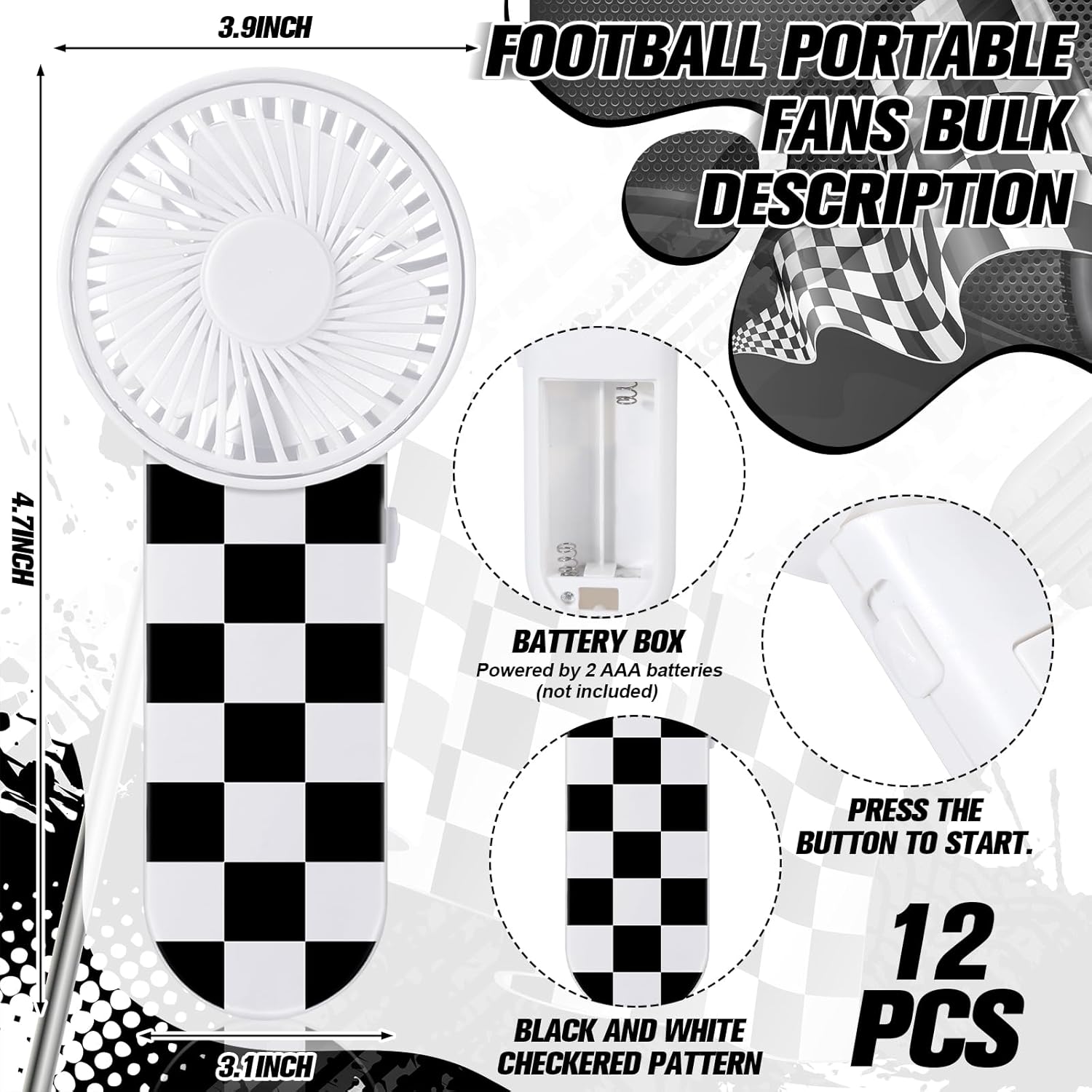12 Pcs Race Car Party Favors Portable Fan Bulk Mini Handheld Personal Fans Checkered Black and White for Team Gift Travel Summer Outdoor Decorations - - Image 3