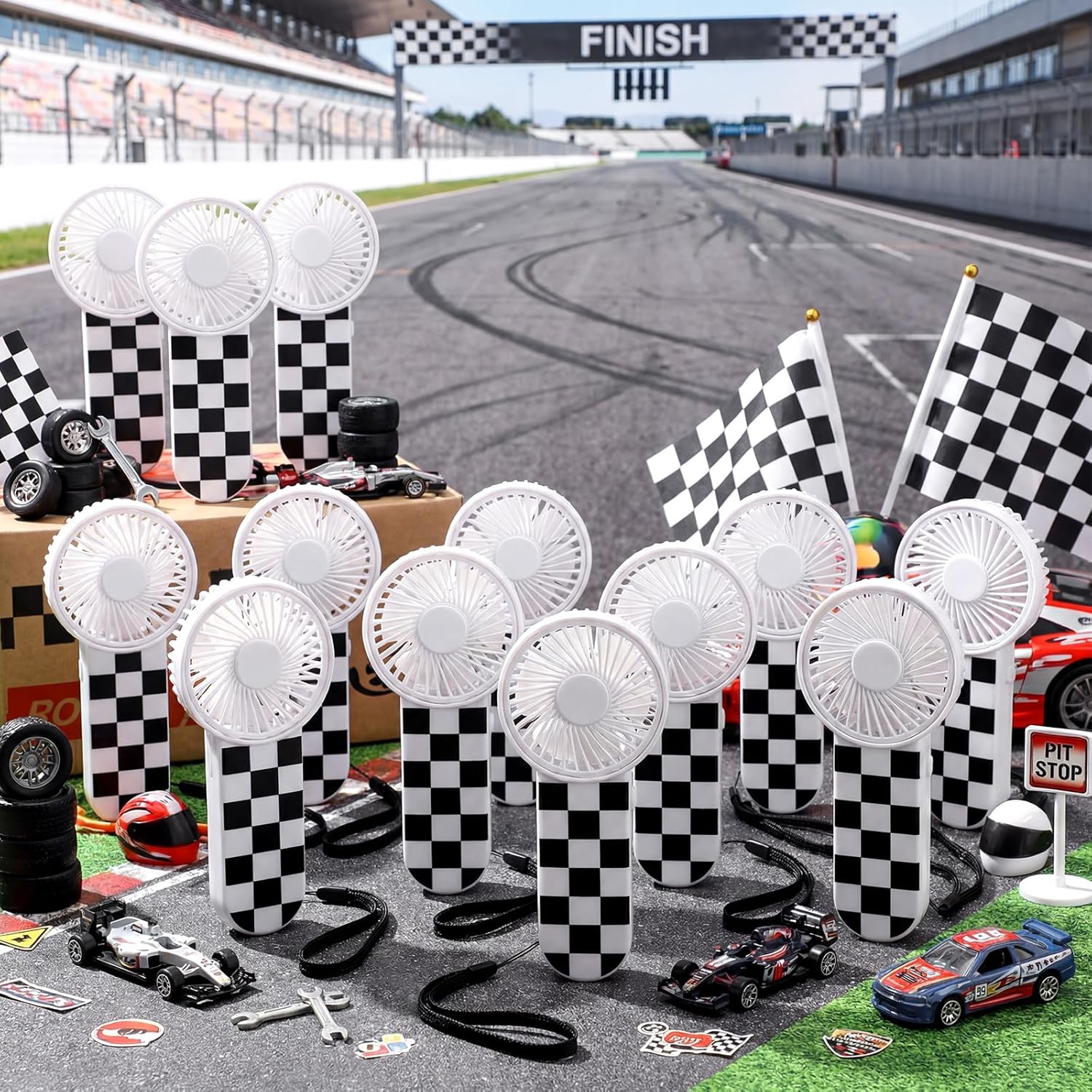 12 Pcs Race Car Party Favors Portable Fan Bulk Mini Handheld Personal Fans Checkered Black and White for Team Gift Travel Summer Outdoor Decorations - - Image 6
