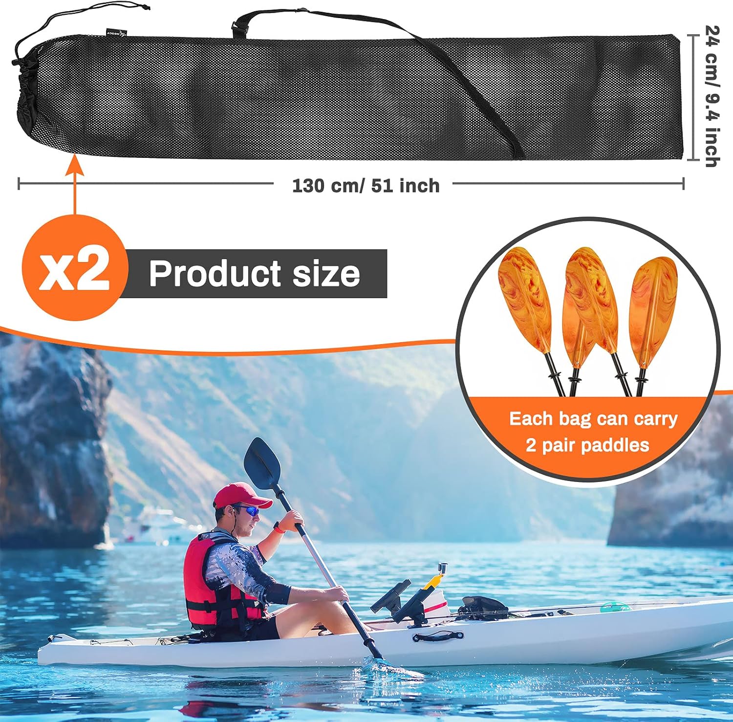 2 Pieces Drawstring Mesh Kayak Paddle Bag With Adjustable Shoulder Strap - Portable Storage for Long Boat Canoe Paddles, Transport - Image 2